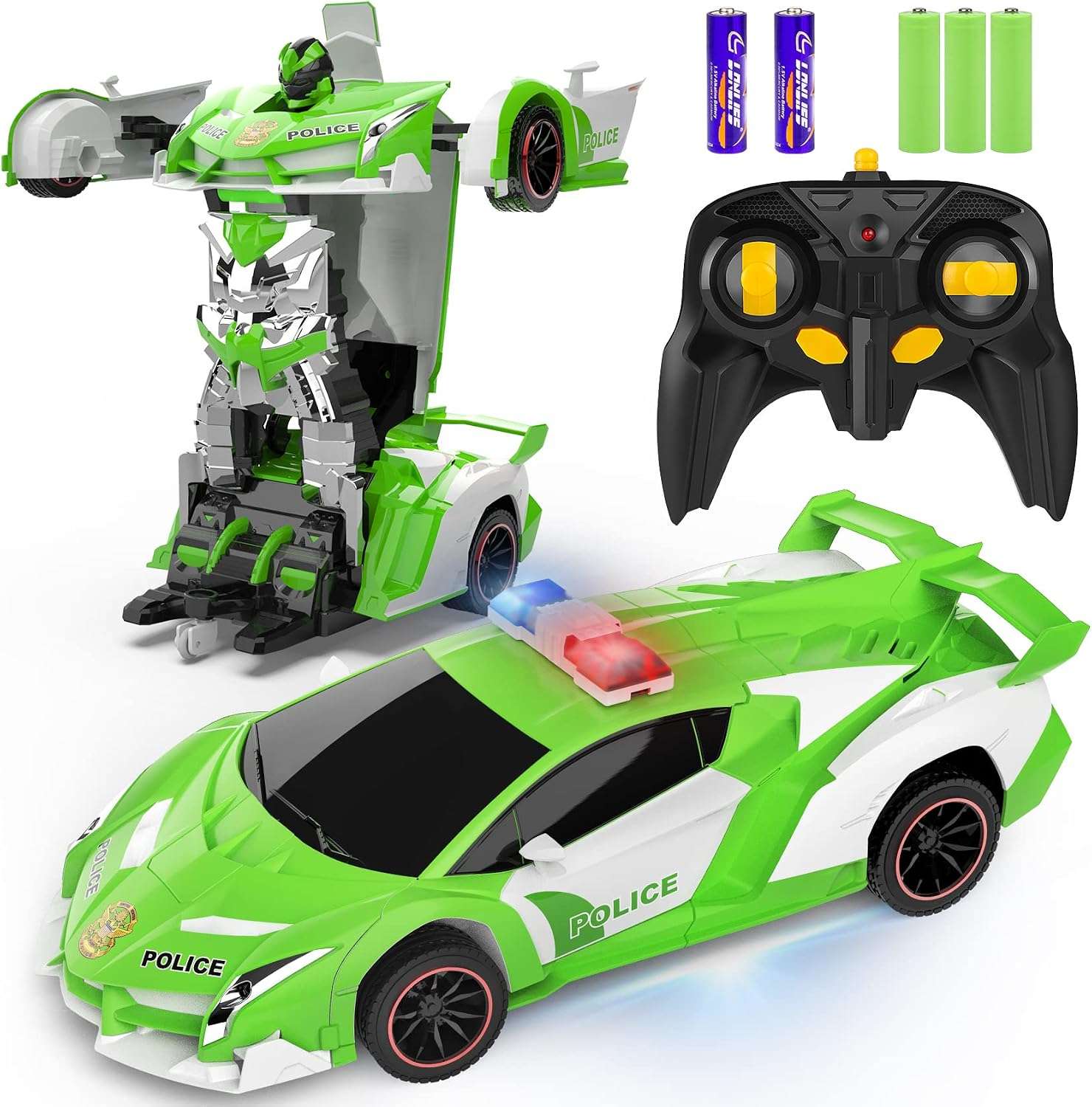 auto de policía transformable a control remoto que se convierte en robot con luces led para niños