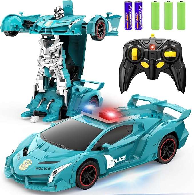 auto de policía transformable a control remoto que se convierte en robot con luces led para niños