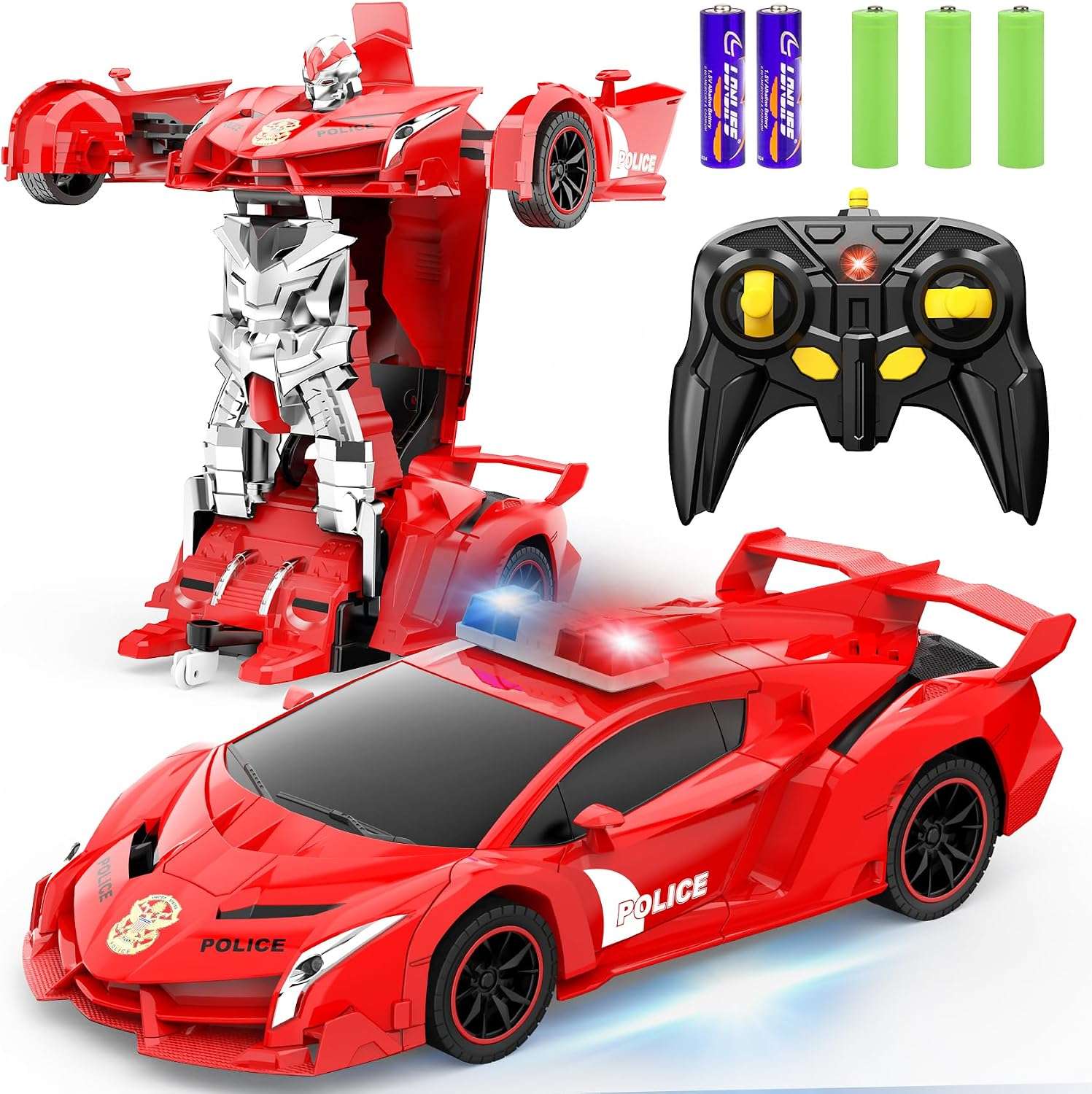 auto de policía transformable a control remoto que se convierte en robot con luces led para niños