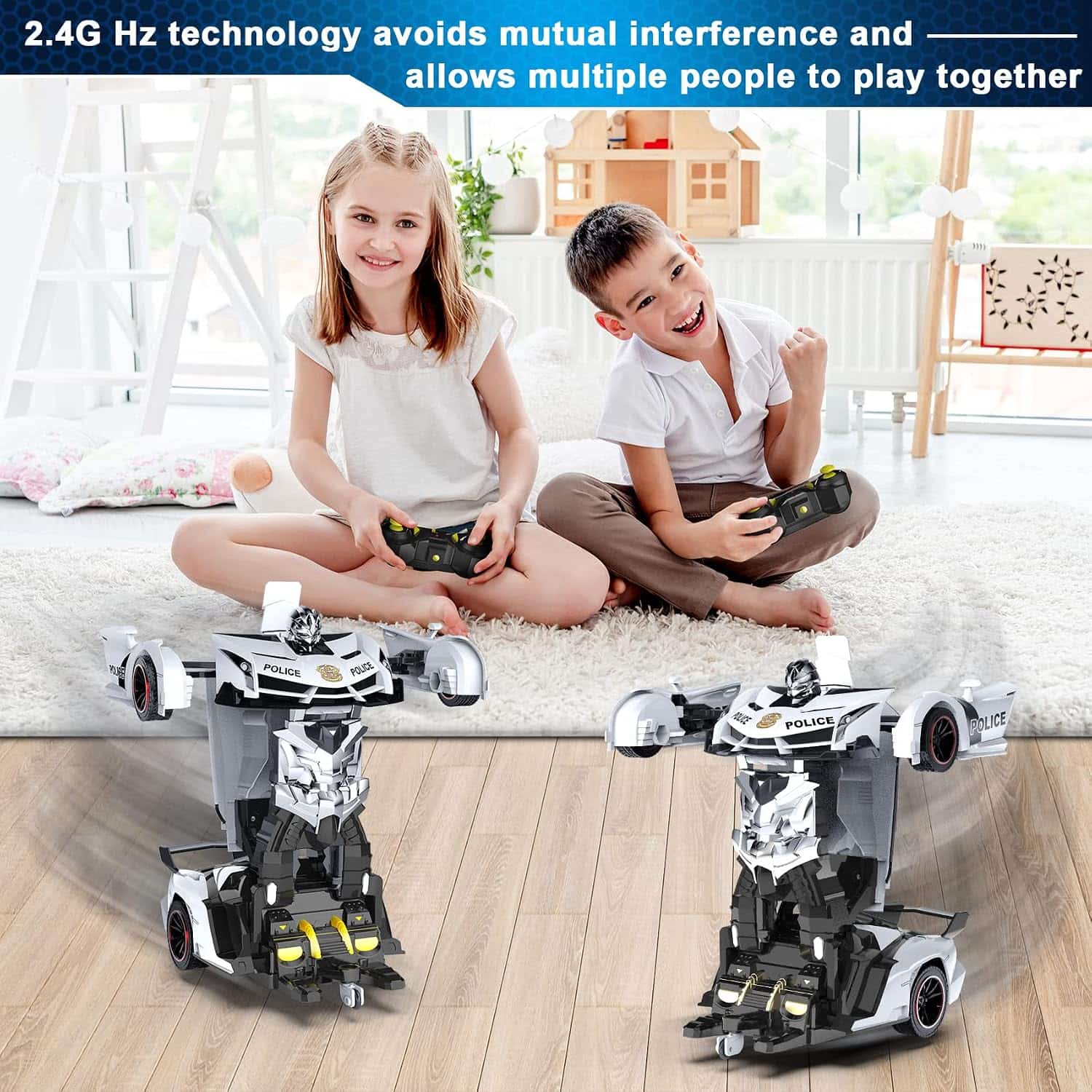 auto de policía transformable a control remoto que se convierte en robot con luces led para niños