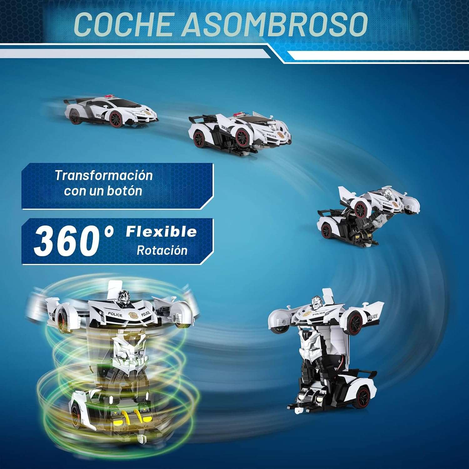 auto de policía transformable a control remoto que se convierte en robot con luces led para niños