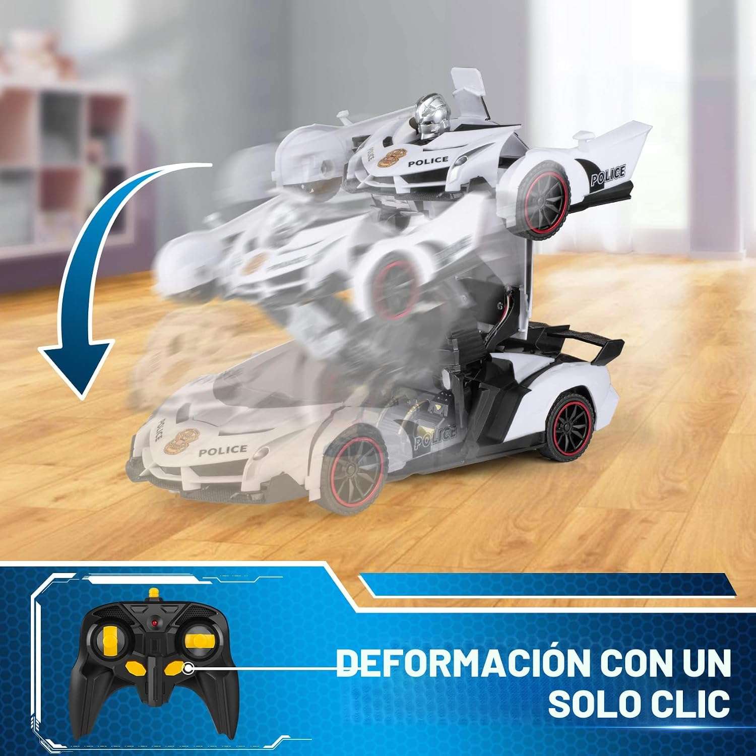 auto de policía transformable a control remoto que se convierte en robot con luces led para niños