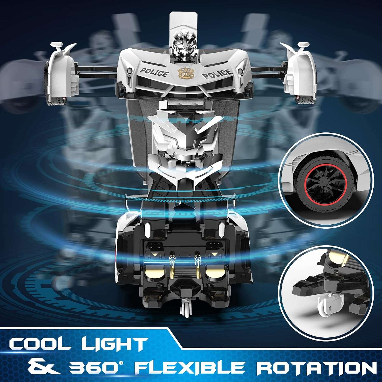 auto de policía transformable a control remoto que se convierte en robot con luces led para niños