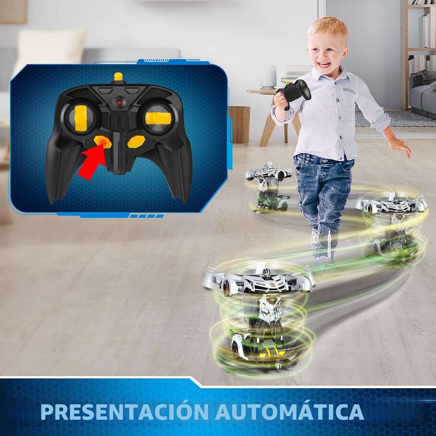 auto de policía transformable a control remoto que se convierte en robot con luces led para niños
