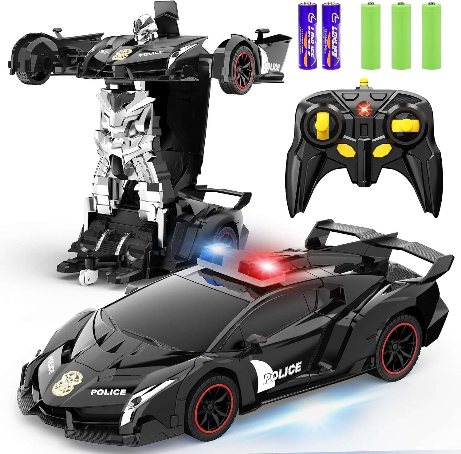 auto de policía transformable a control remoto que se convierte en robot con luces led para niños