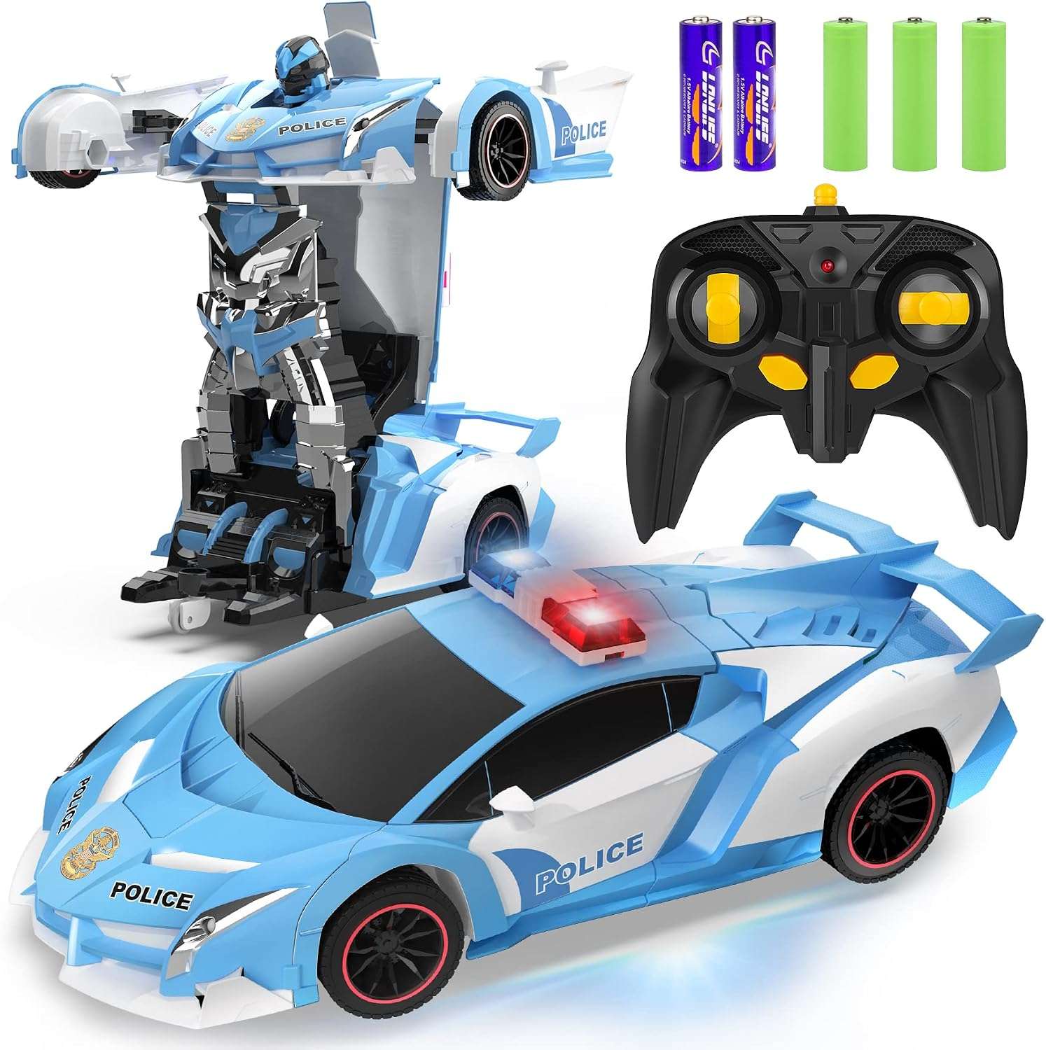 auto de policía transformable a control remoto que se convierte en robot con luces led para niños