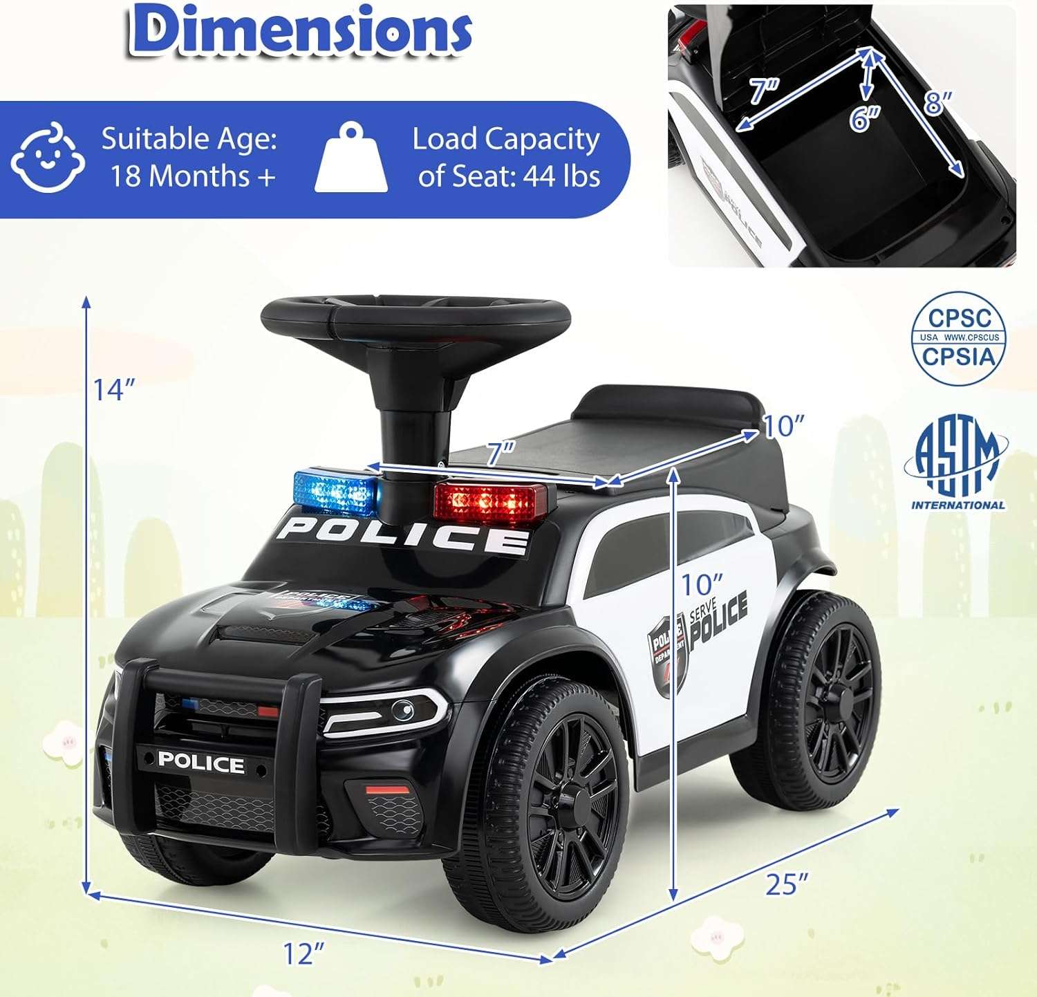 coche de policía de juguete con luces LED, sirena y almacenamiento para niños pequeños