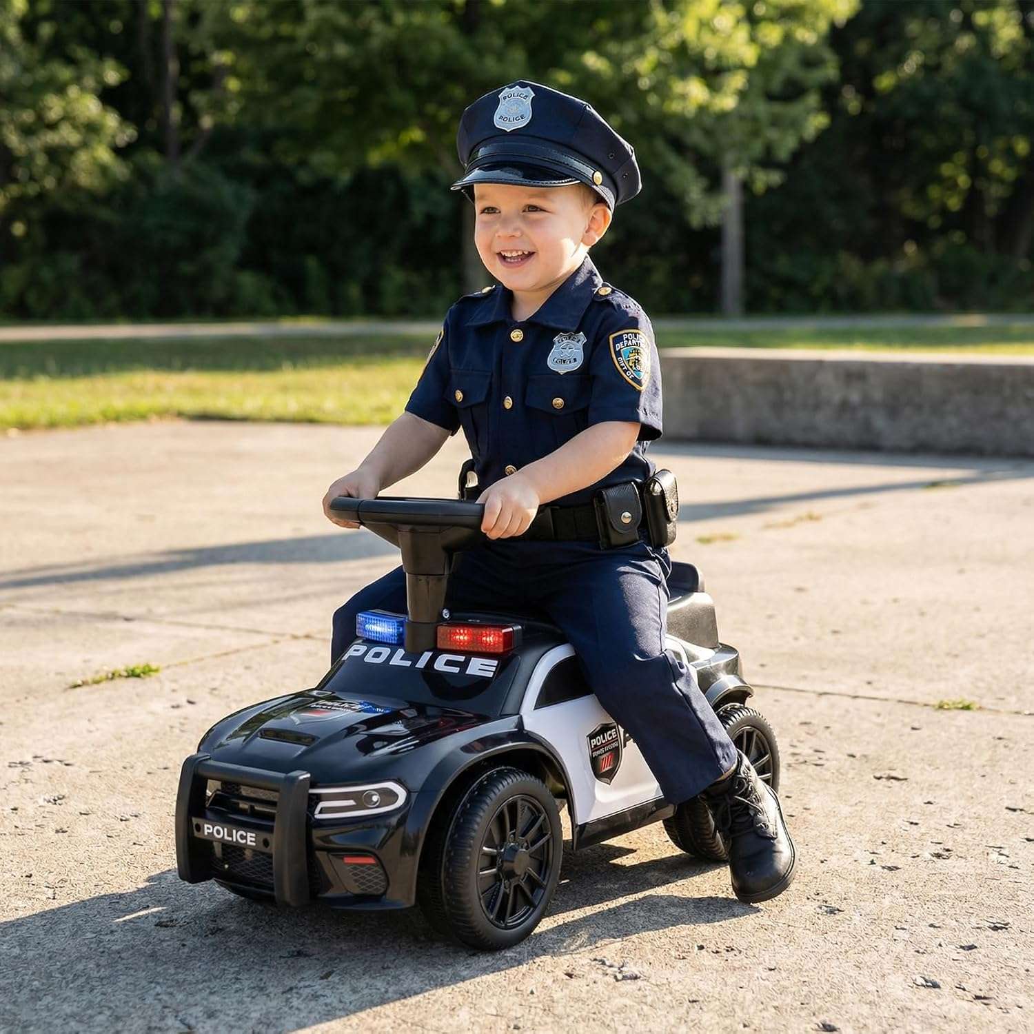 coche de policía de juguete con luces LED, sirena y almacenamiento para niños pequeños