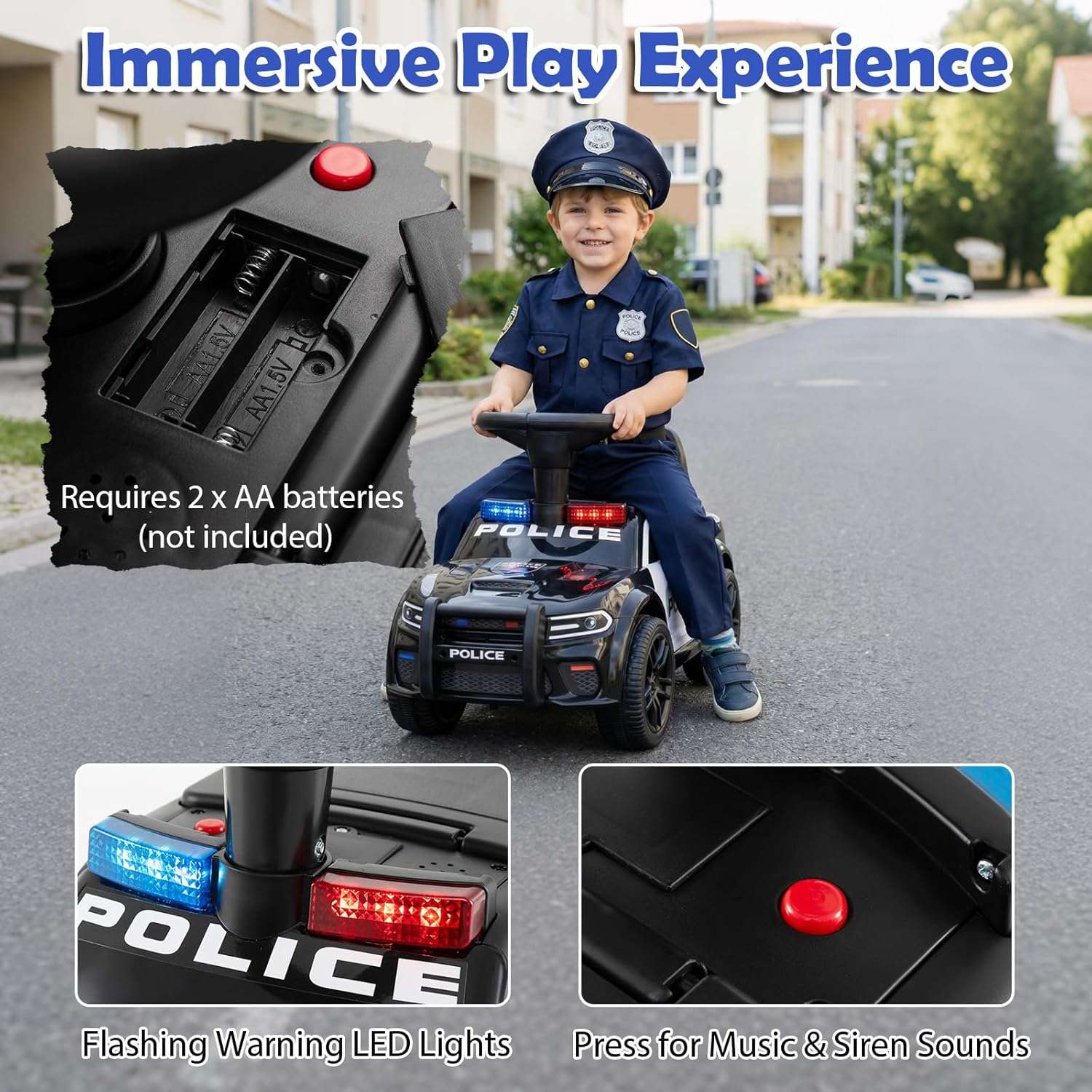 coche de policía de juguete con luces LED, sirena y almacenamiento para niños pequeños