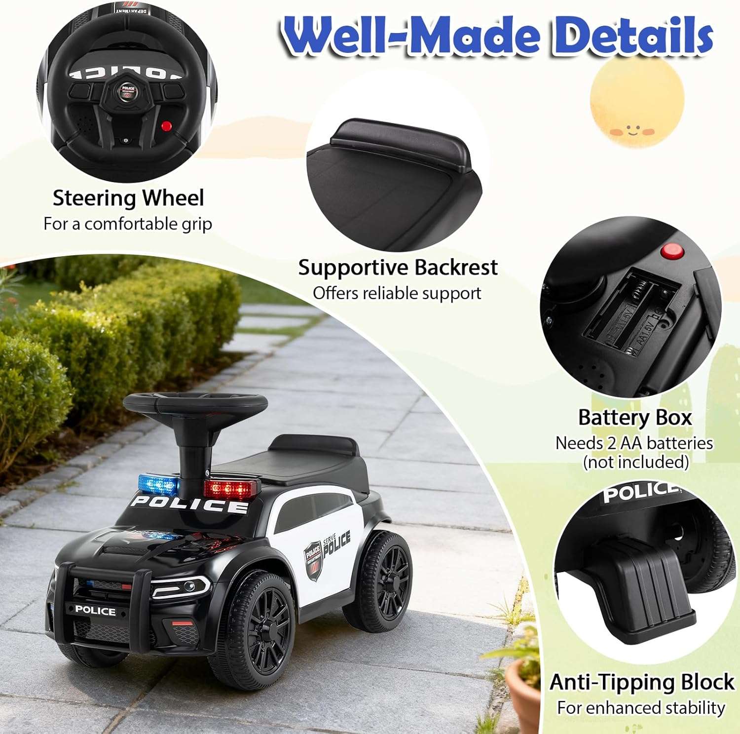 coche de policía de juguete con luces LED, sirena y almacenamiento para niños pequeños