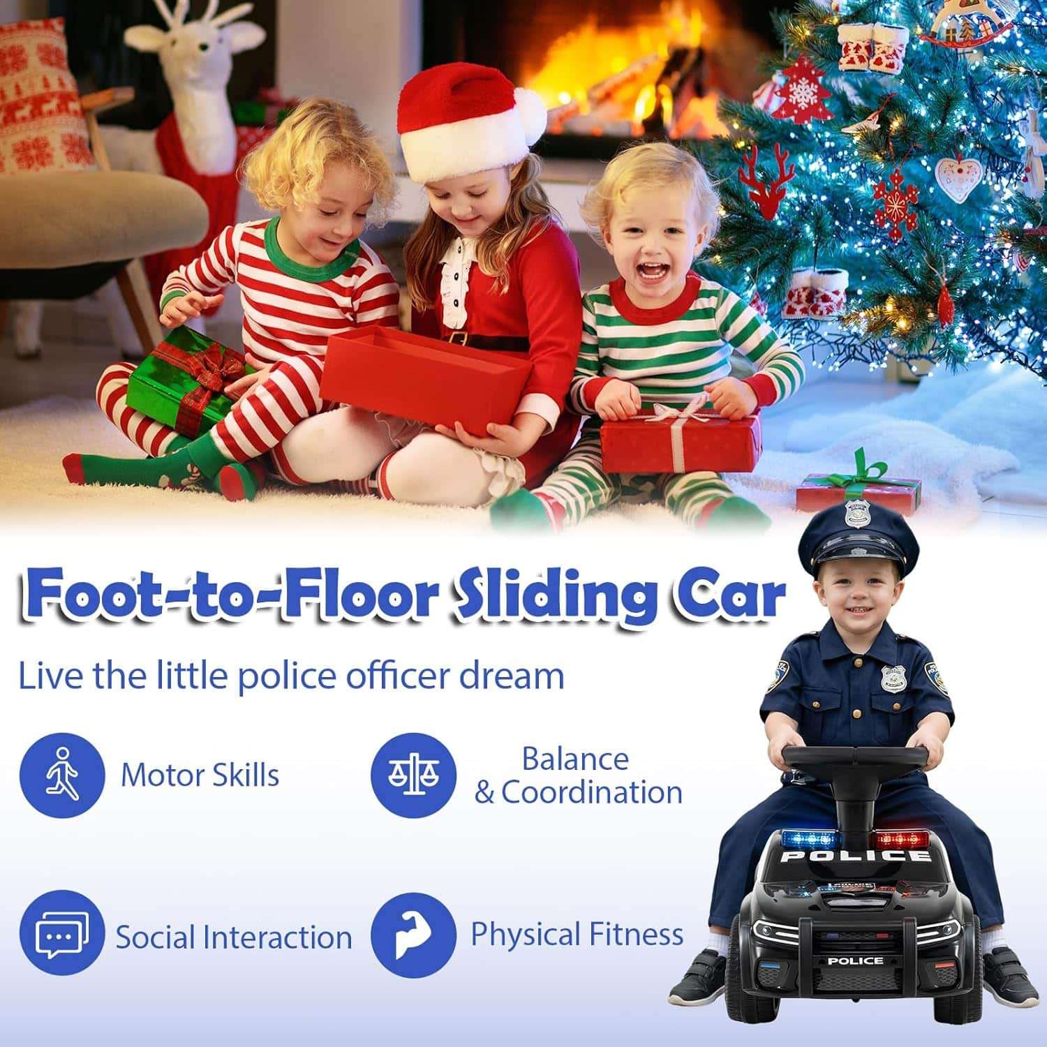 coche de policía de juguete con luces LED, sirena y almacenamiento para niños pequeños