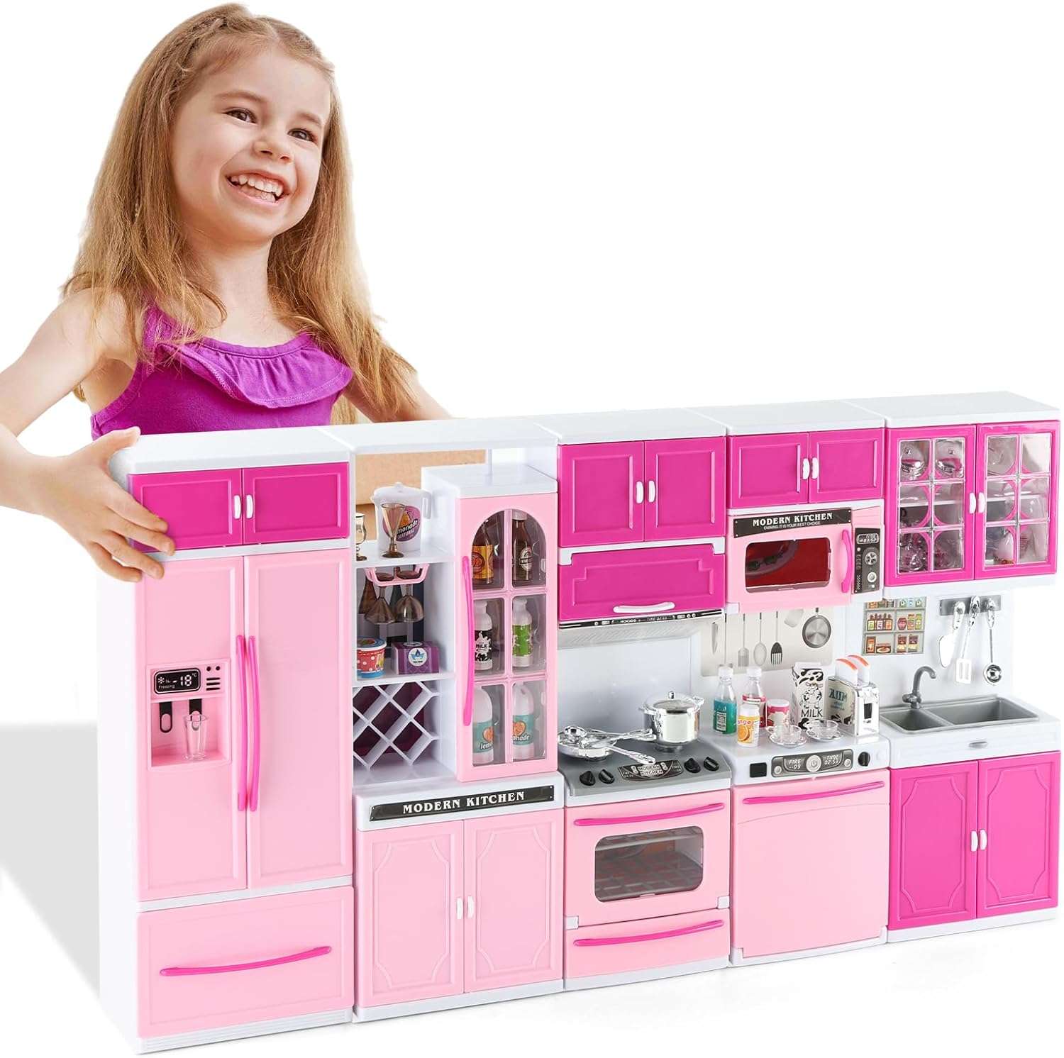 cocina de juguete rosa con 64 piezas, luces, sonidos y accesorios para muñecas