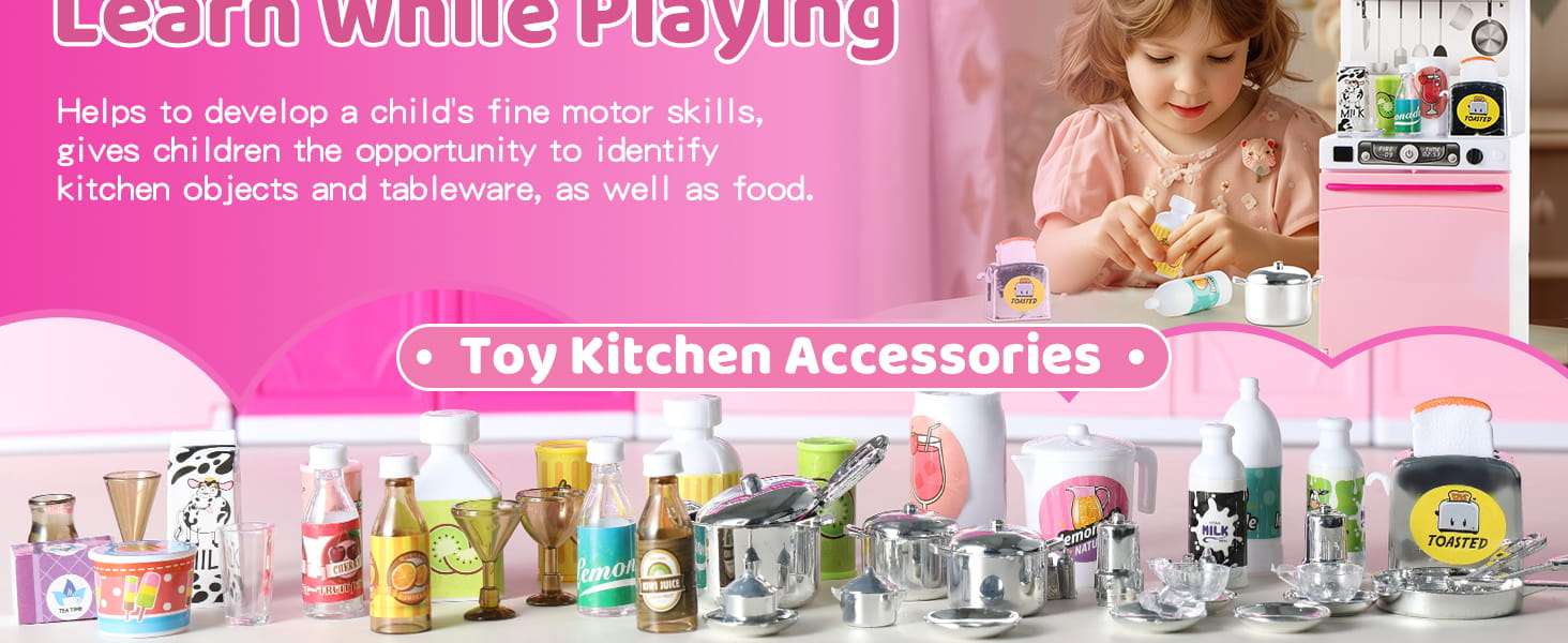 cocina de juguete rosa con 64 piezas, luces, sonidos y accesorios para muñecas