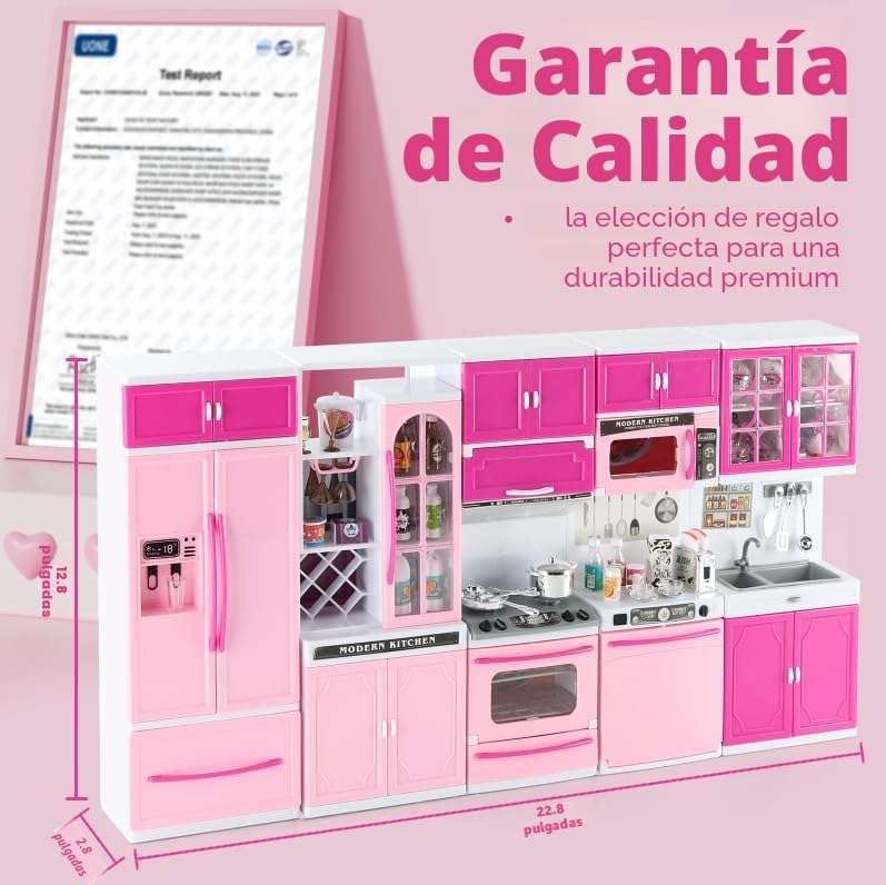 cocina de juguete rosa con 64 piezas, luces, sonidos y accesorios para muñecas