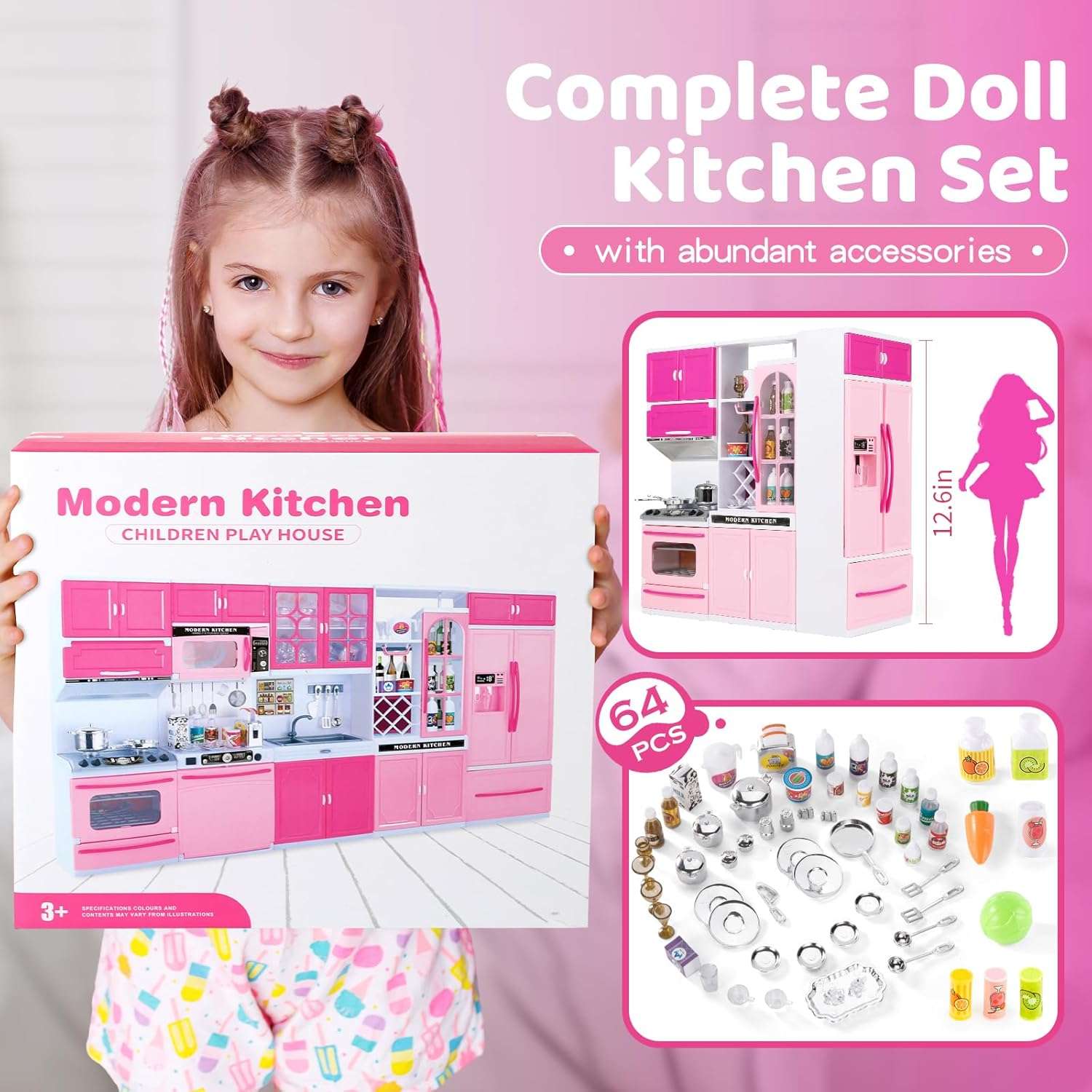 cocina de juguete rosa con 64 piezas, luces, sonidos y accesorios para muñecas