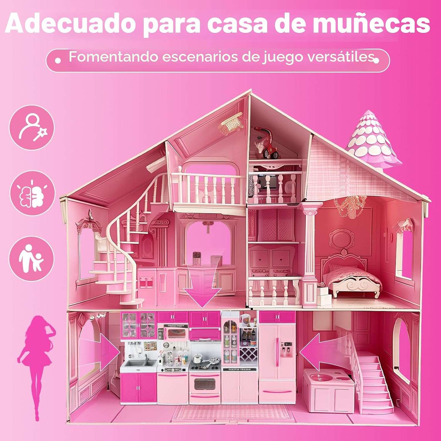 cocina de juguete rosa con 64 piezas, luces, sonidos y accesorios para muñecas