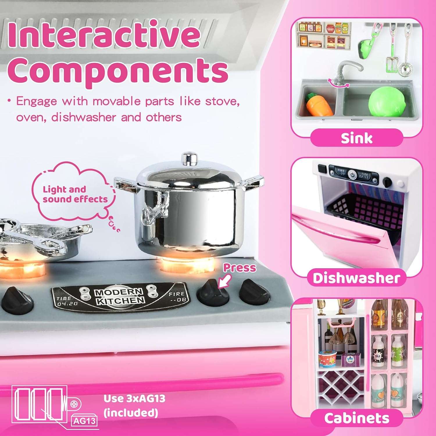 cocina de juguete rosa con 64 piezas, luces, sonidos y accesorios para muñecas