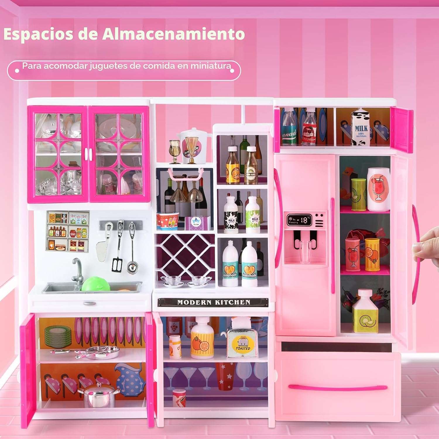 cocina de juguete rosa con 64 piezas, luces, sonidos y accesorios para muñecas