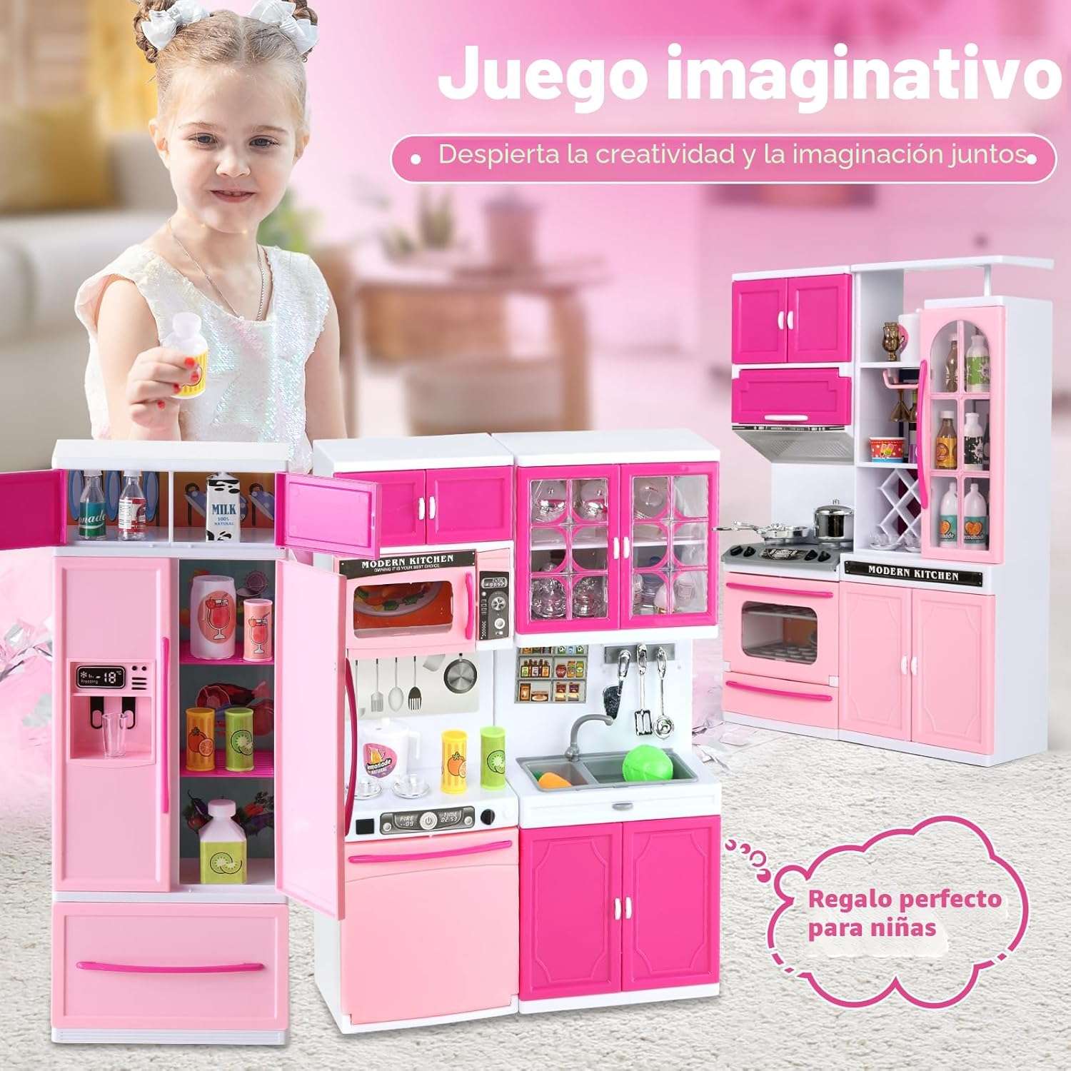 Cocina De Juguete Rosa Con Luces Y Sonidos Para Muñecas Y Niñas - Imagen 2