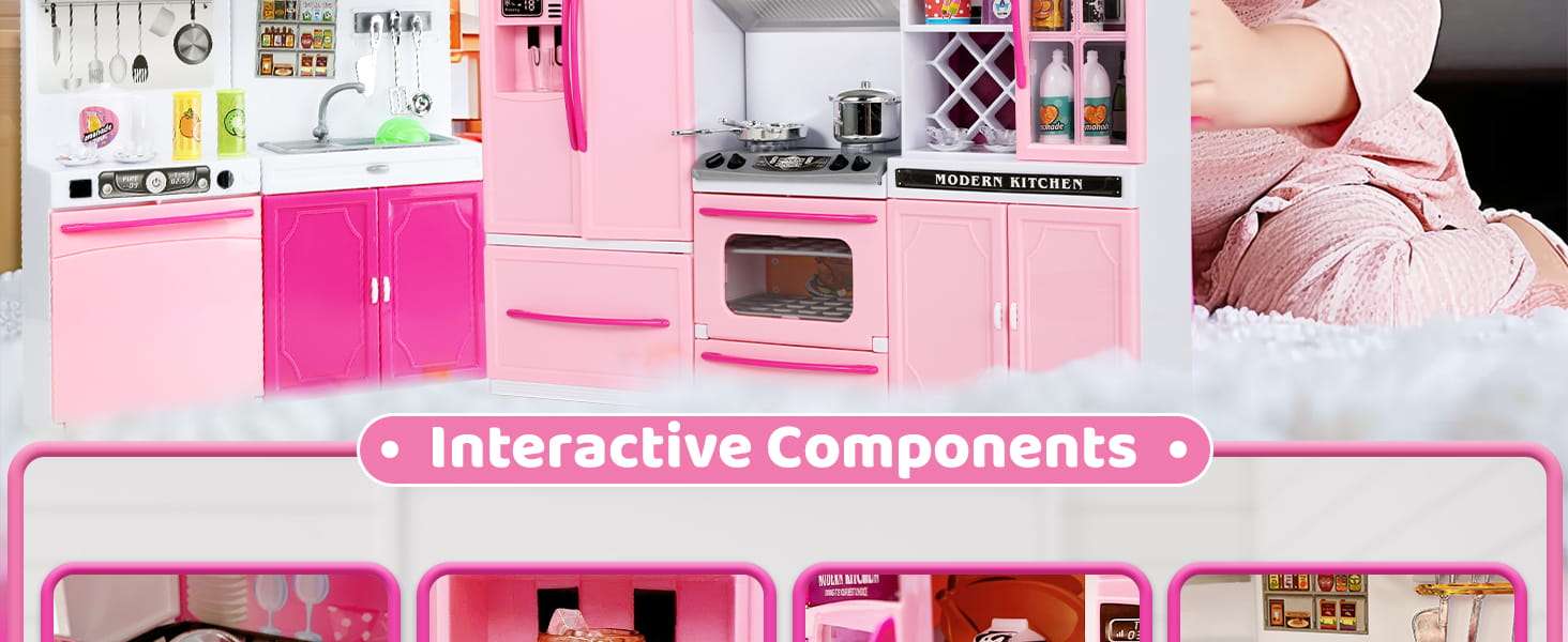 cocina de juguete rosa con 64 piezas, luces, sonidos y accesorios para muñecas