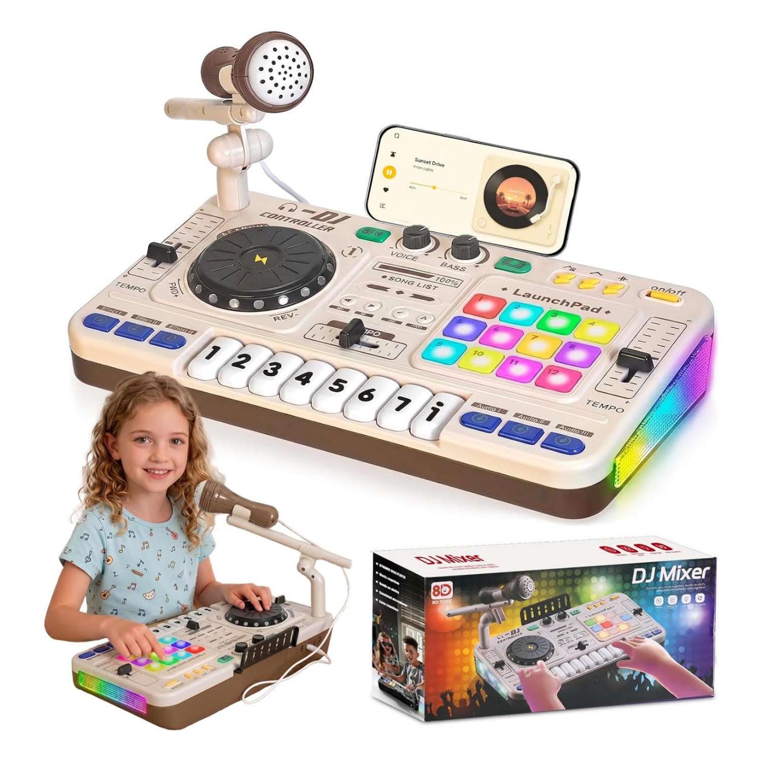 mesa mezcladora de dj de juguete con luces led, bluetooth y micrófono para niños