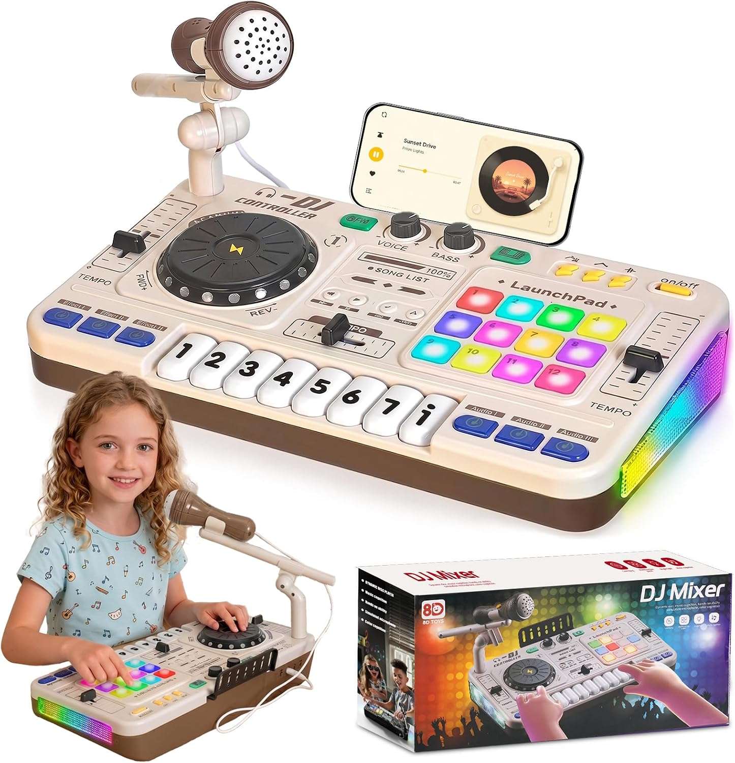 mesa mezcladora de dj de juguete con luces led, bluetooth y micrófono para niños