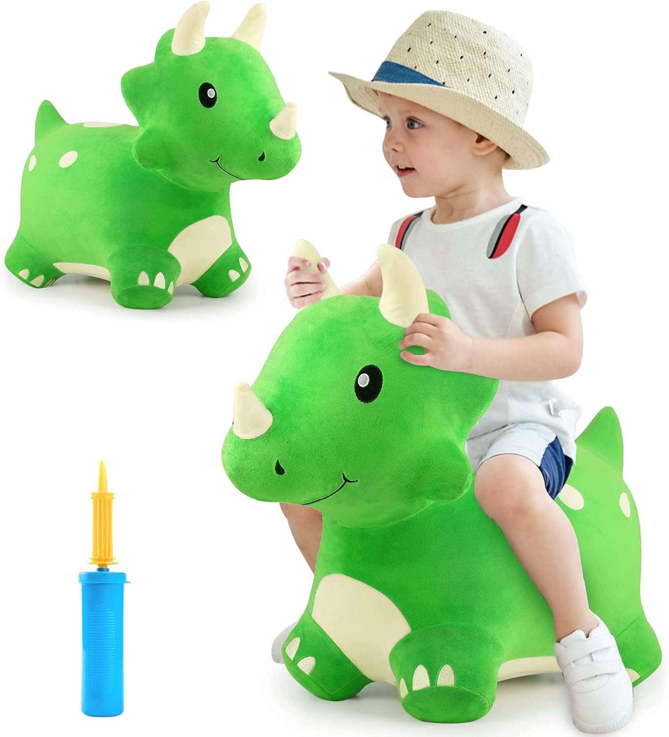dinosaurio triceratops saltarín de felpa con funda lavable y bomba para niños