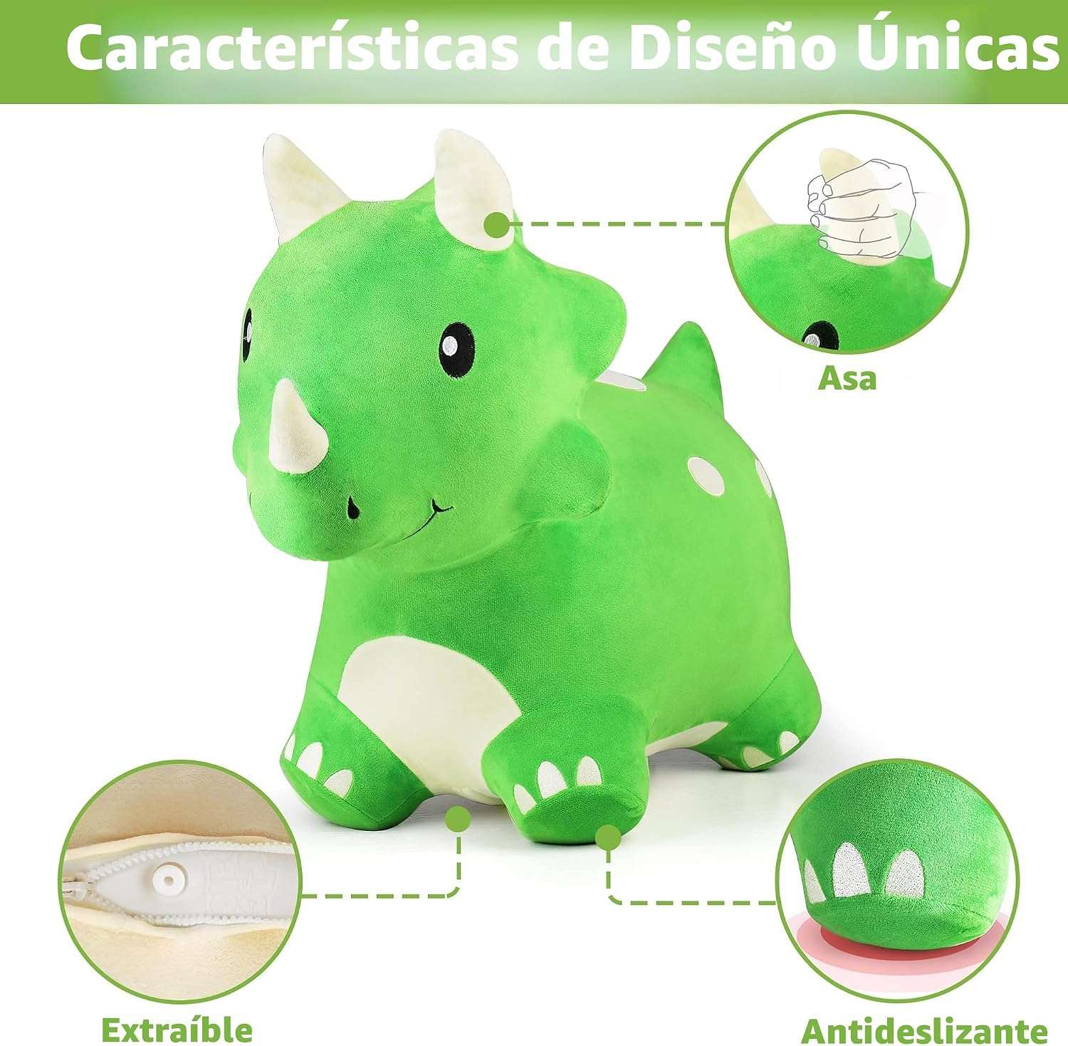 dinosaurio triceratops saltarín de felpa con funda lavable y bomba para niños