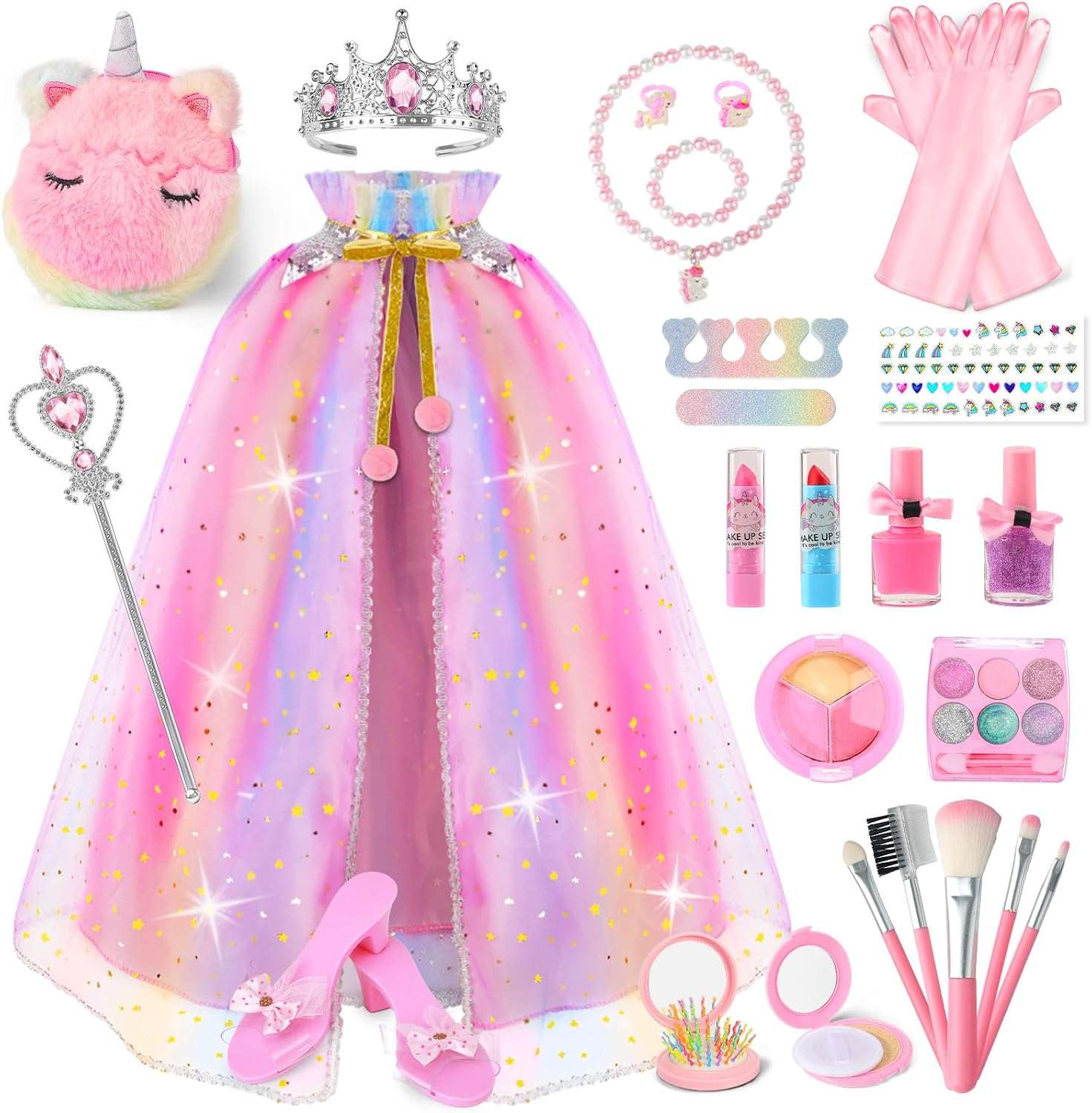 disfraz de princesa con capa brillante, accesorios, zapatos y kit de maquillaje para niñas