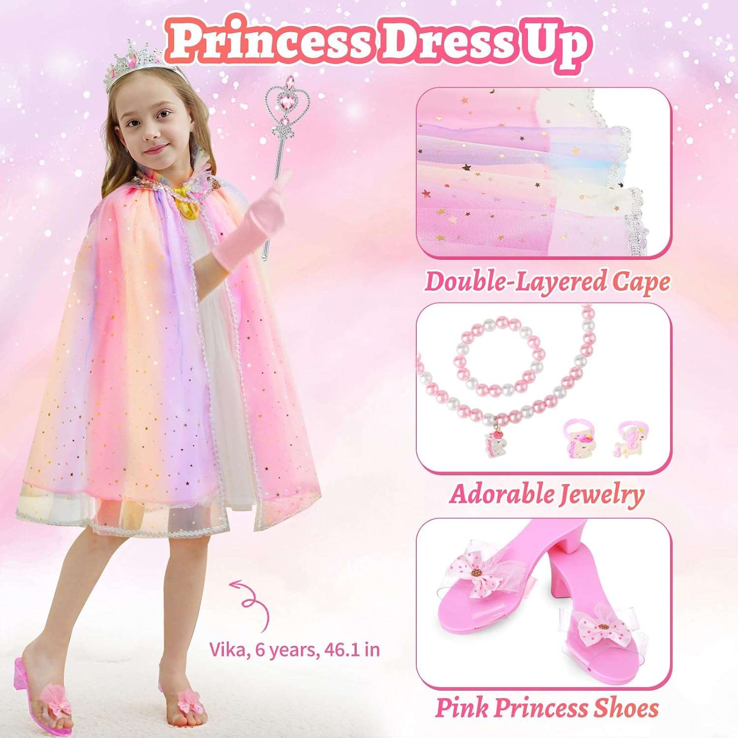 disfraz de princesa con capa brillante, accesorios, zapatos y kit de maquillaje para niñas