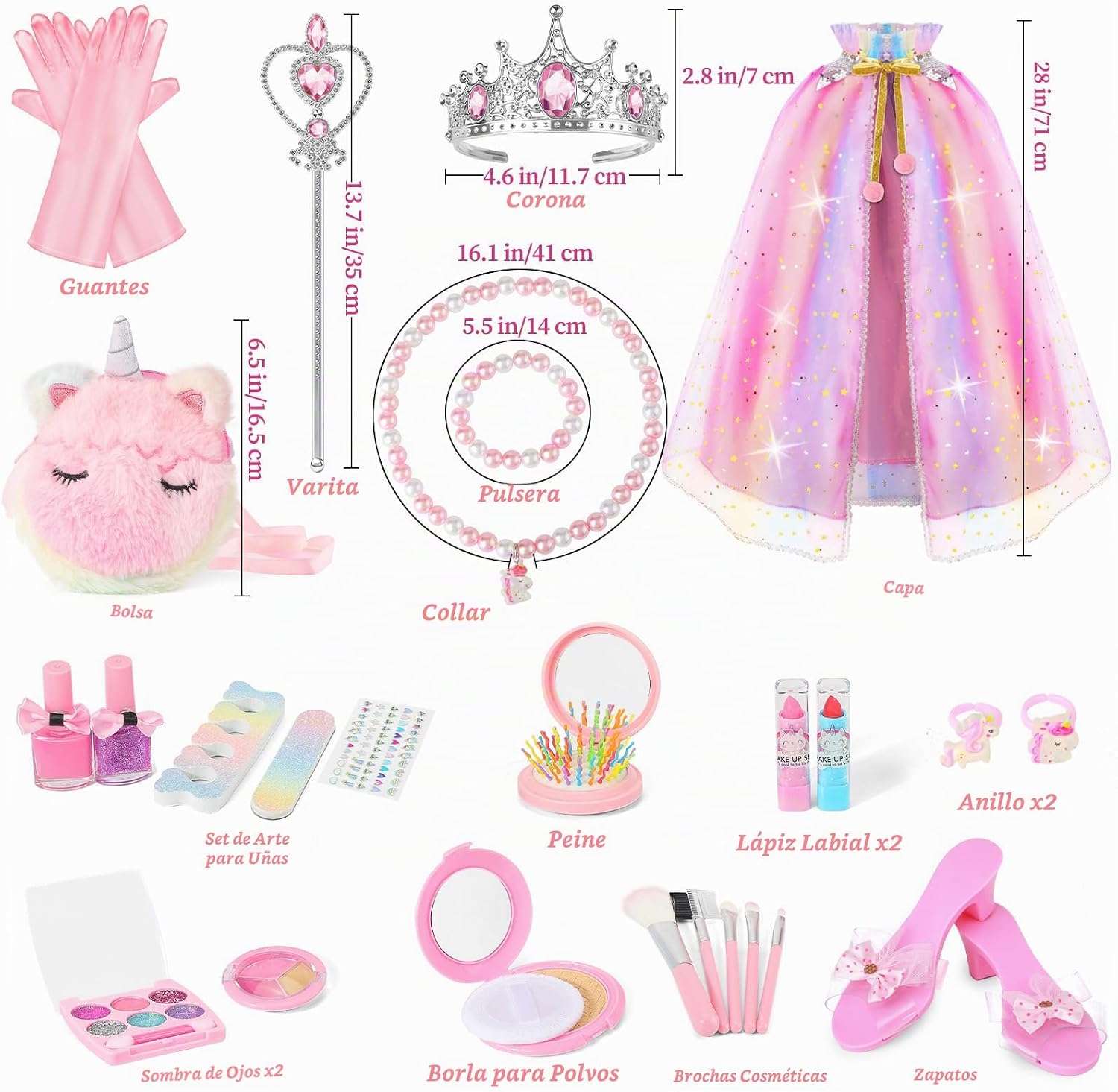 disfraz de princesa con capa brillante, accesorios, zapatos y kit de maquillaje para niñas