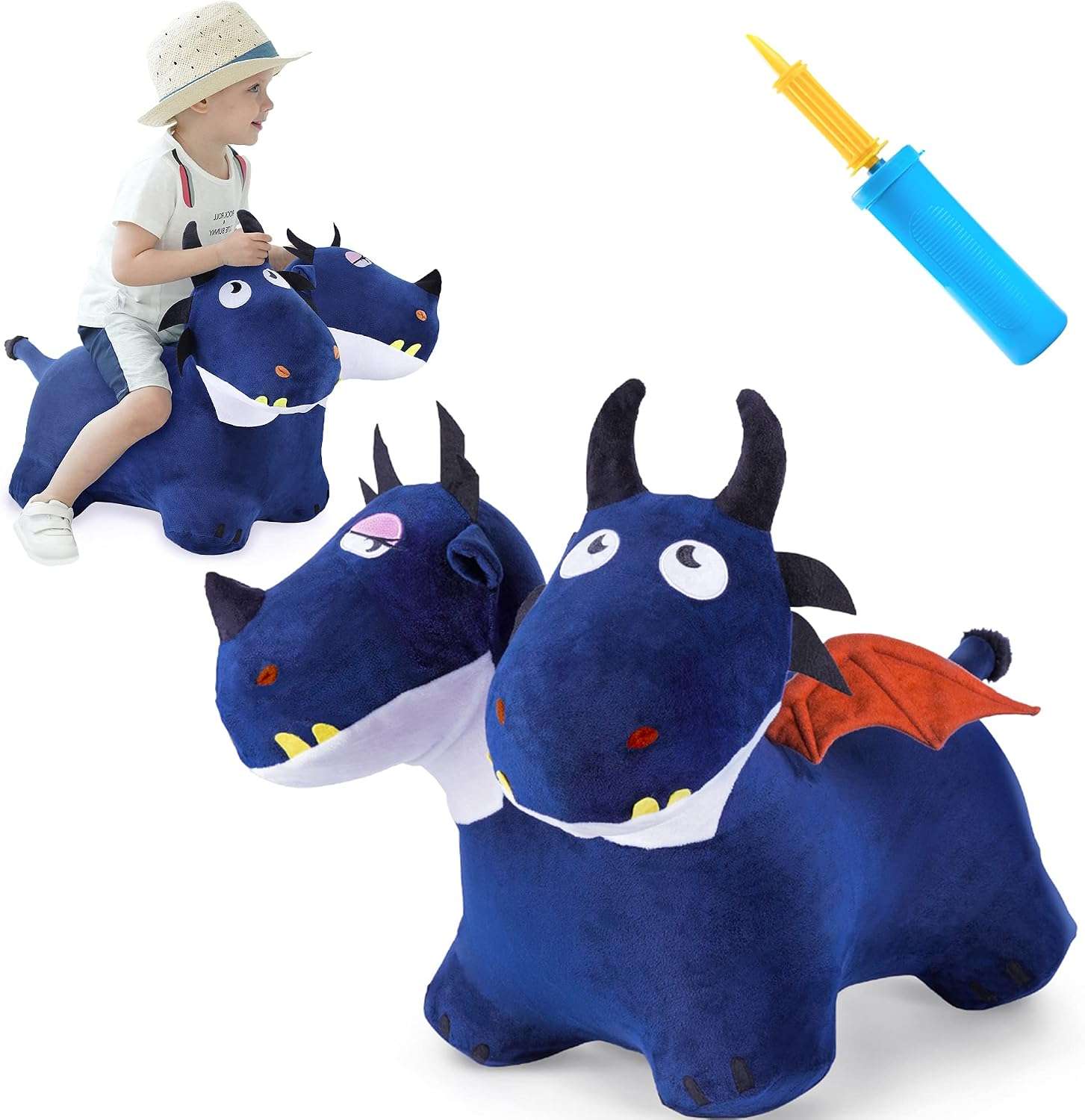dragón saltarín de felpa azul con dos cabezas, alas y bomba para niños pequeños