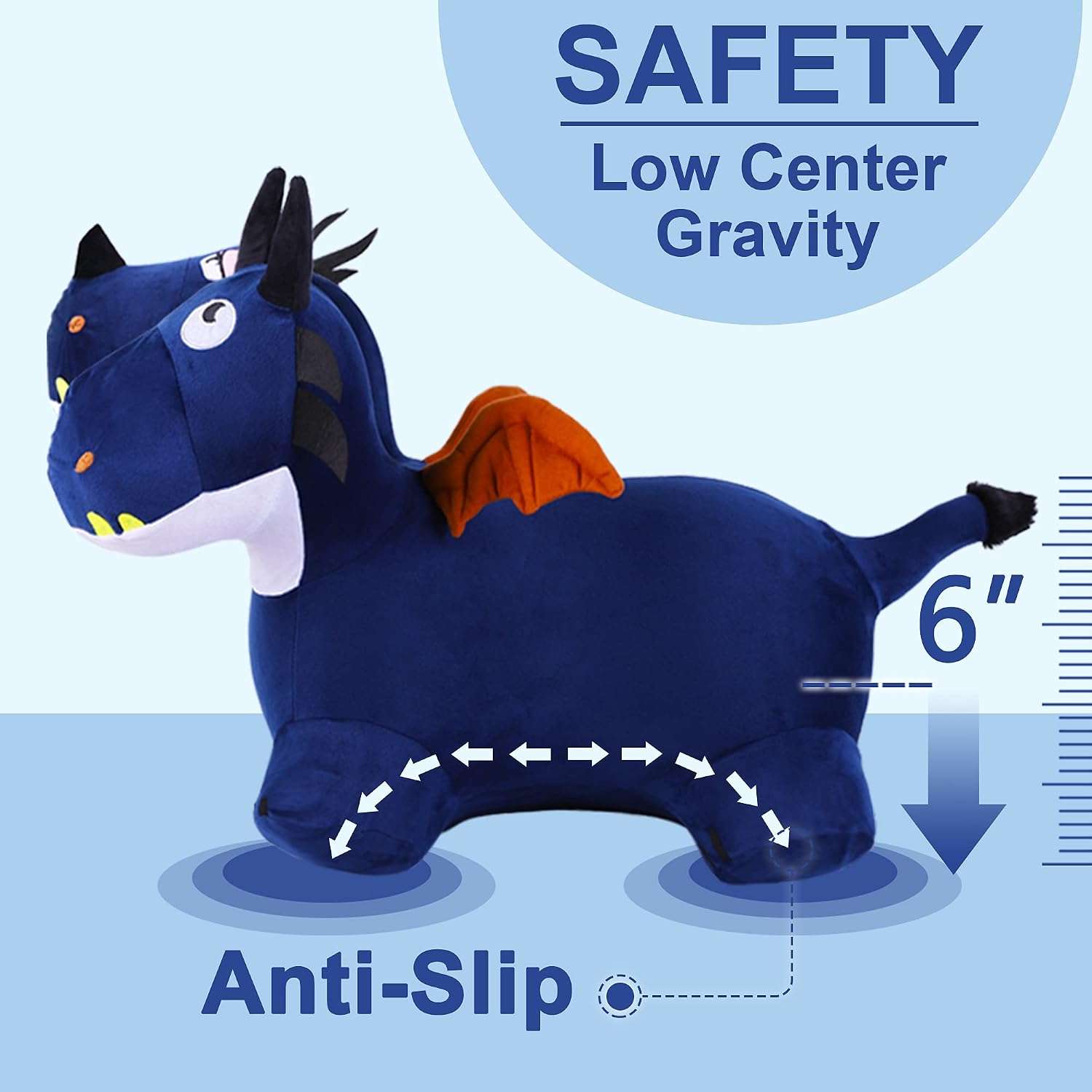 dragón saltarín de felpa azul con dos cabezas, alas y bomba para niños pequeños