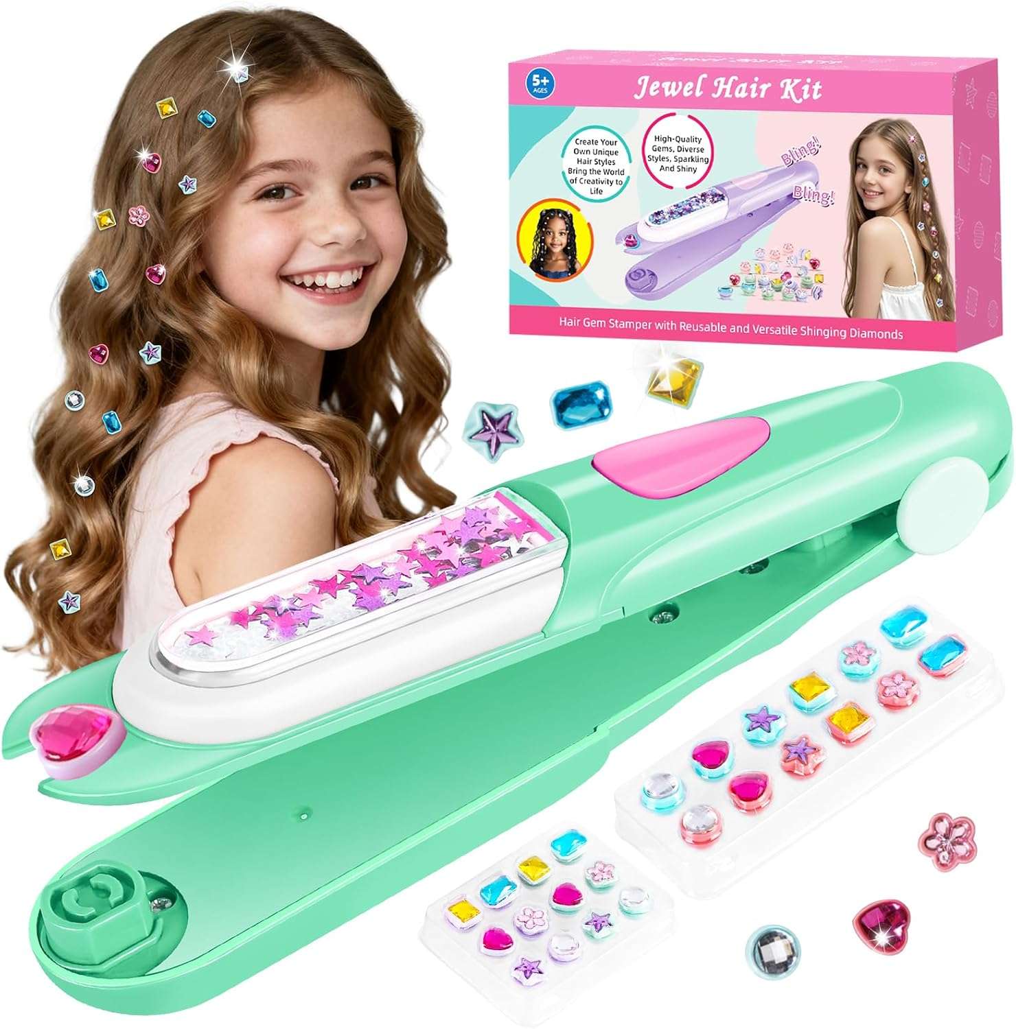estampador de gemas para el cabello con diamantes brillantes y reutilizables para niñas
