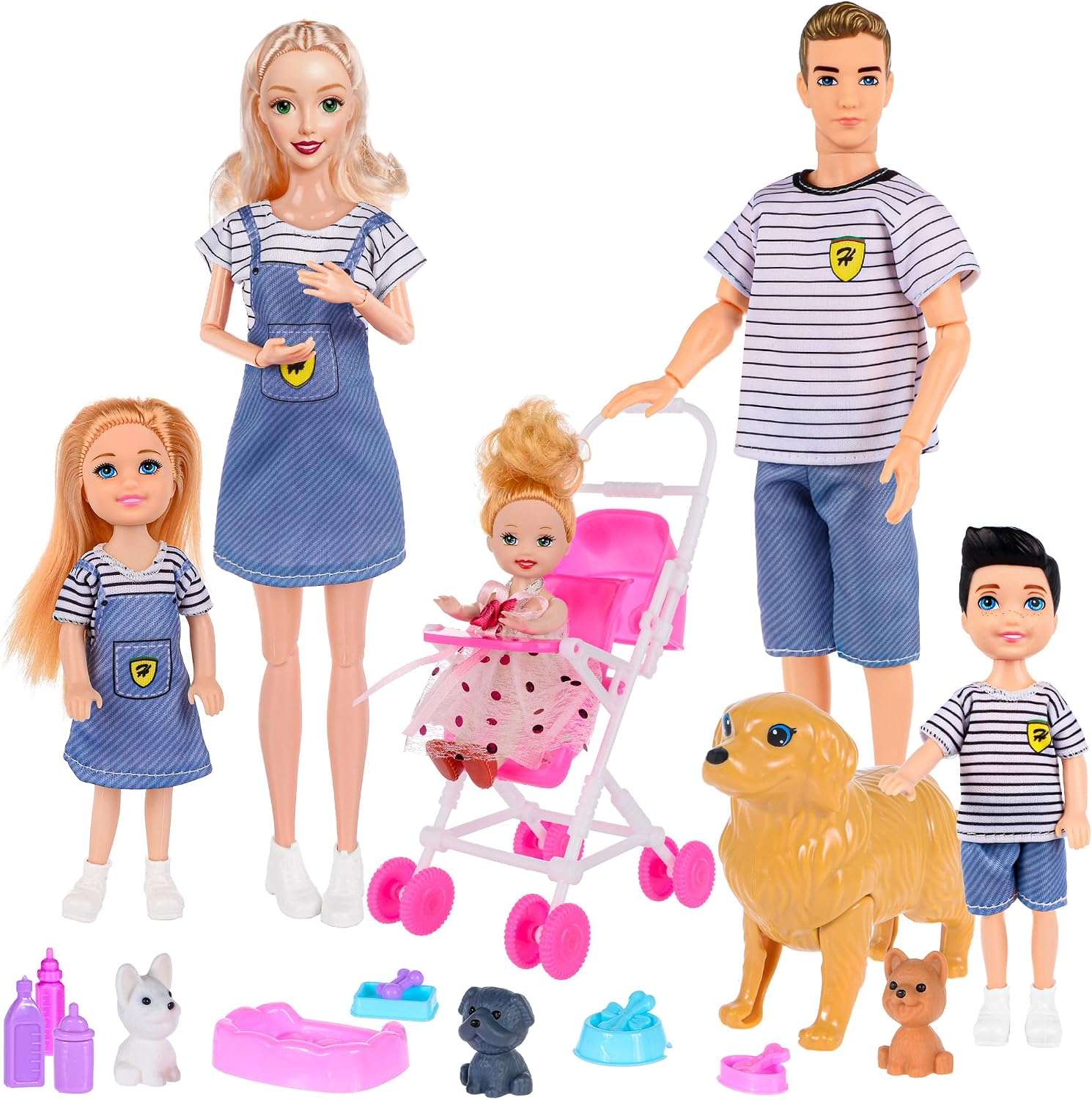 set de familia de muñecas con mamá embarazada, carriola, niños y mascotas