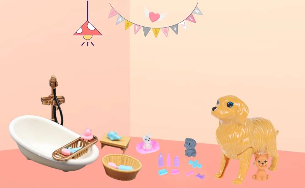 set de familia de muñecas con mamá embarazada, carriola, niños y mascotas
