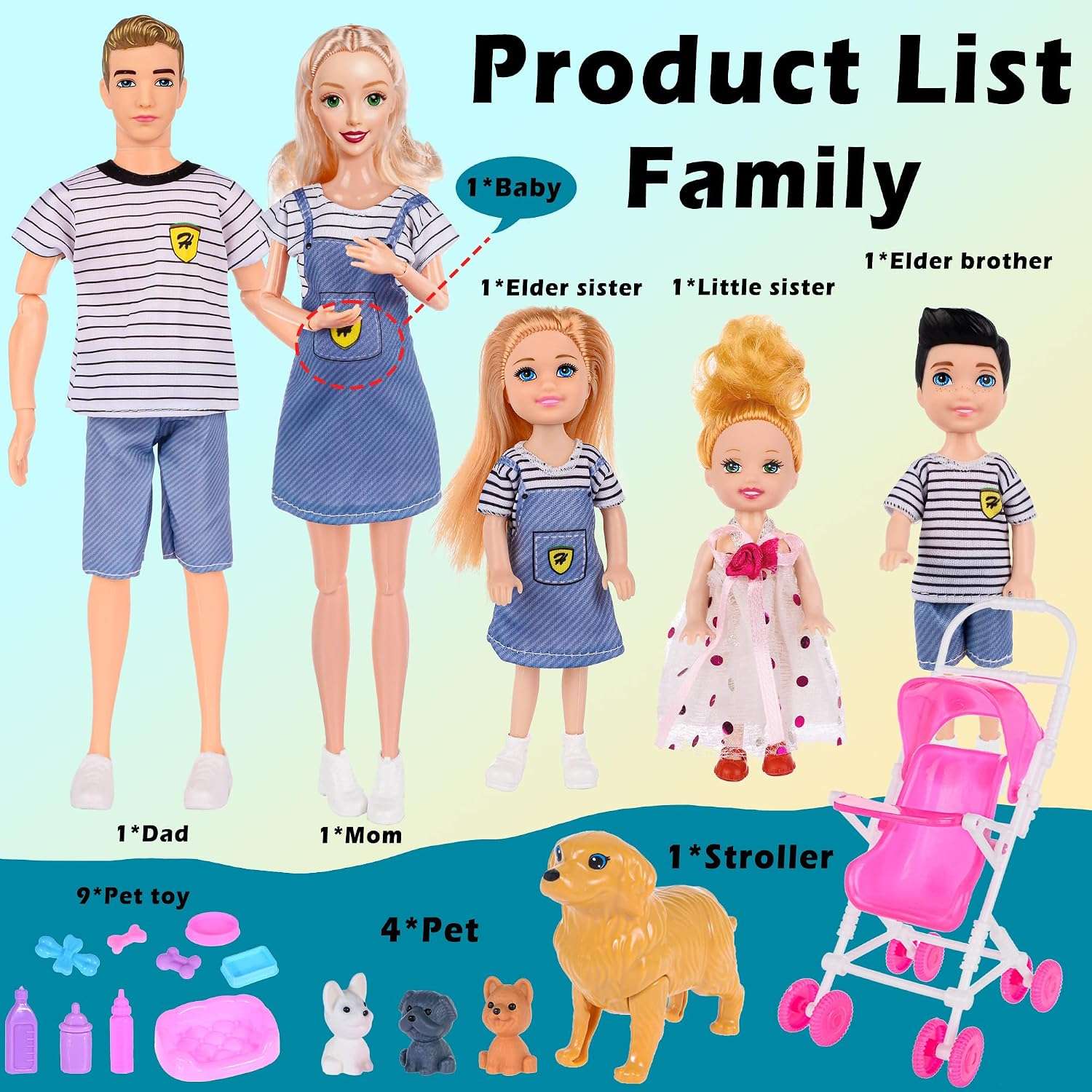 set de familia de muñecas con mamá embarazada, carriola, niños y mascotas