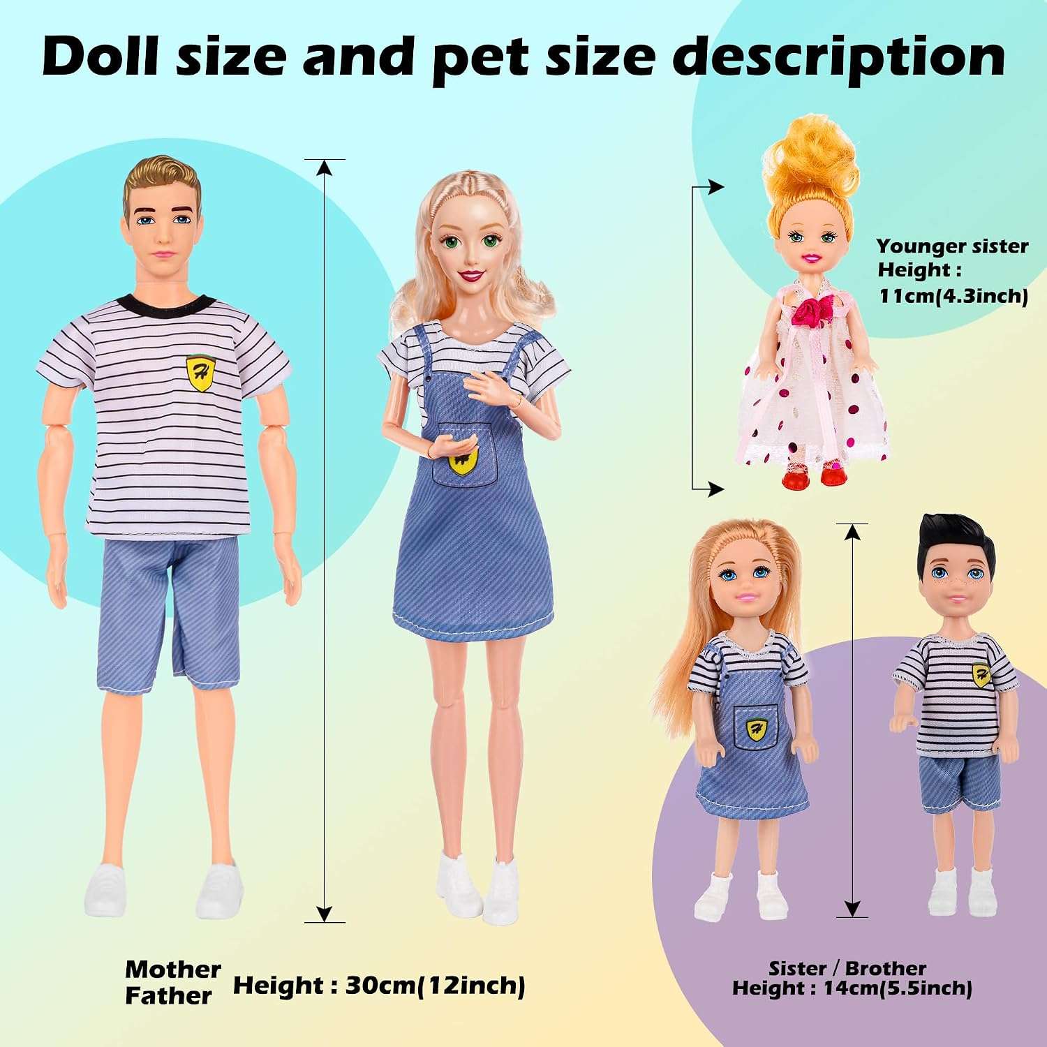 set de familia de muñecas con mamá embarazada, carriola, niños y mascotas
