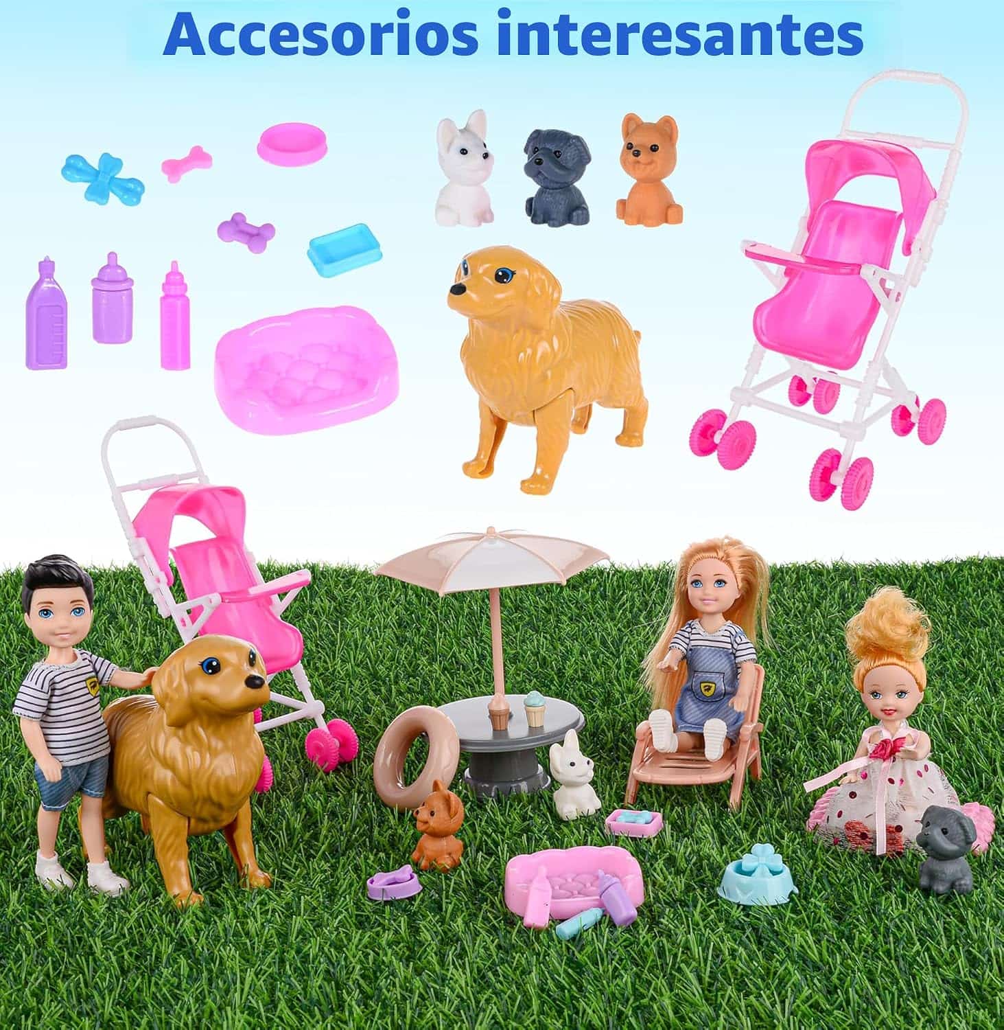 set de familia de muñecas con mamá embarazada, carriola, niños y mascotas