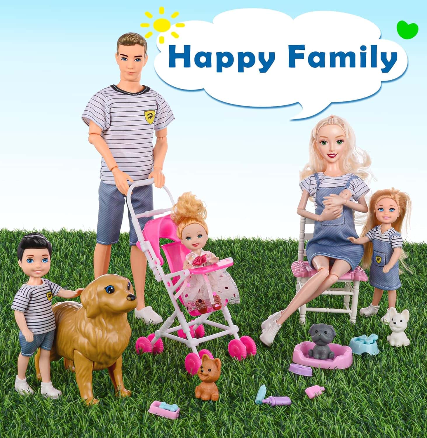 set de familia de muñecas con mamá embarazada, carriola, niños y mascotas