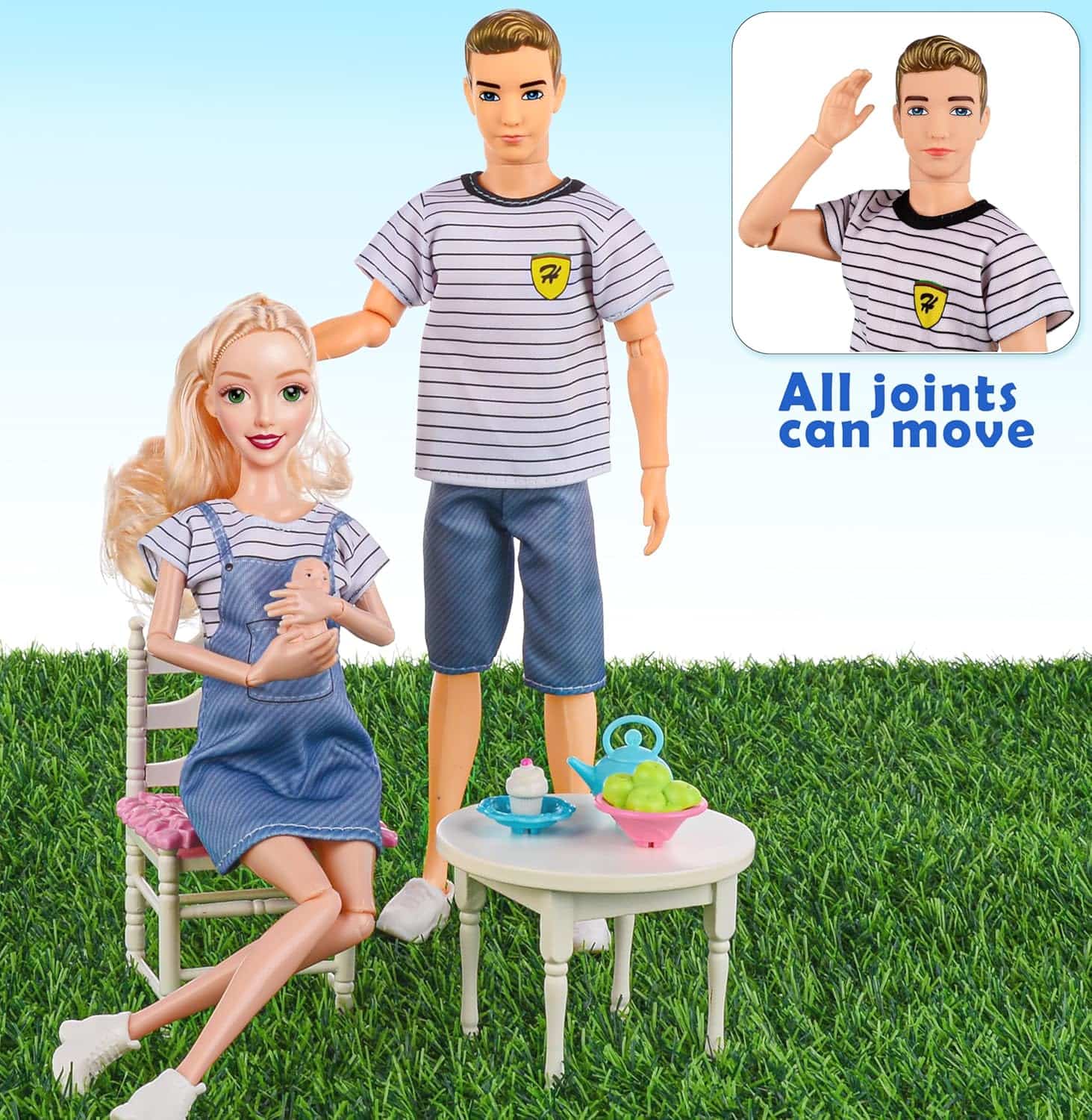 set de familia de muñecas con mamá embarazada, carriola, niños y mascotas