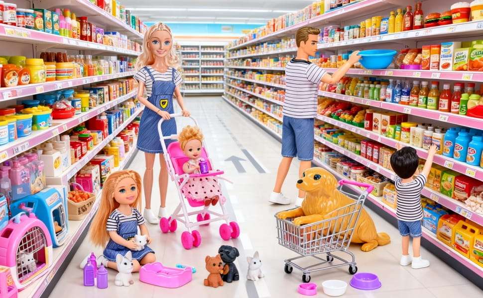 set de familia de muñecas con mamá embarazada, carriola, niños y mascotas