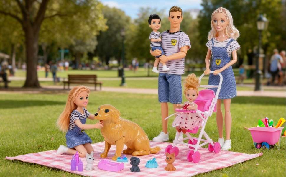set de familia de muñecas con mamá embarazada, carriola, niños y mascotas