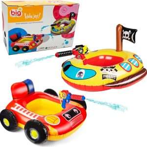 flotador de piscina para niños con cañón de agua y diseño de vehículo de bomberos o pirata