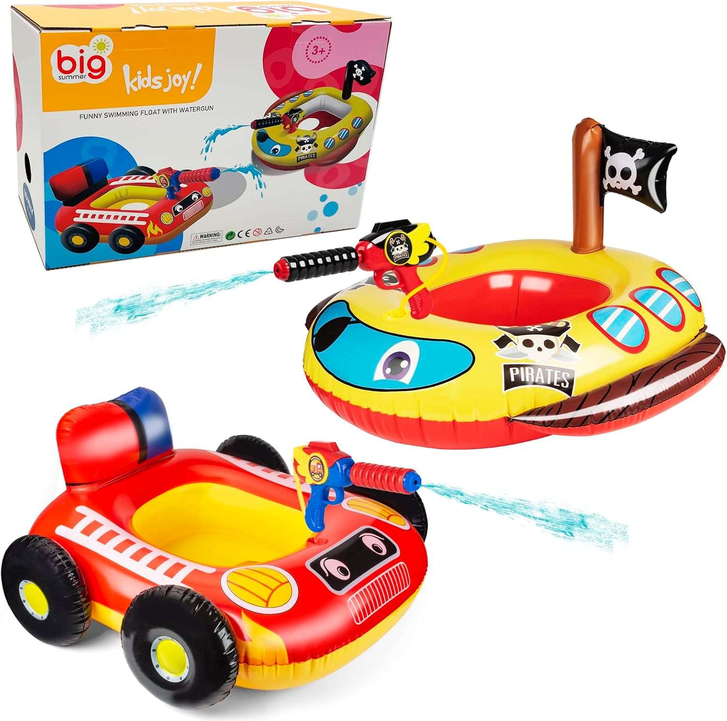 flotador de piscina para niños con cañón de agua y diseño de vehículo de bomberos o pirata