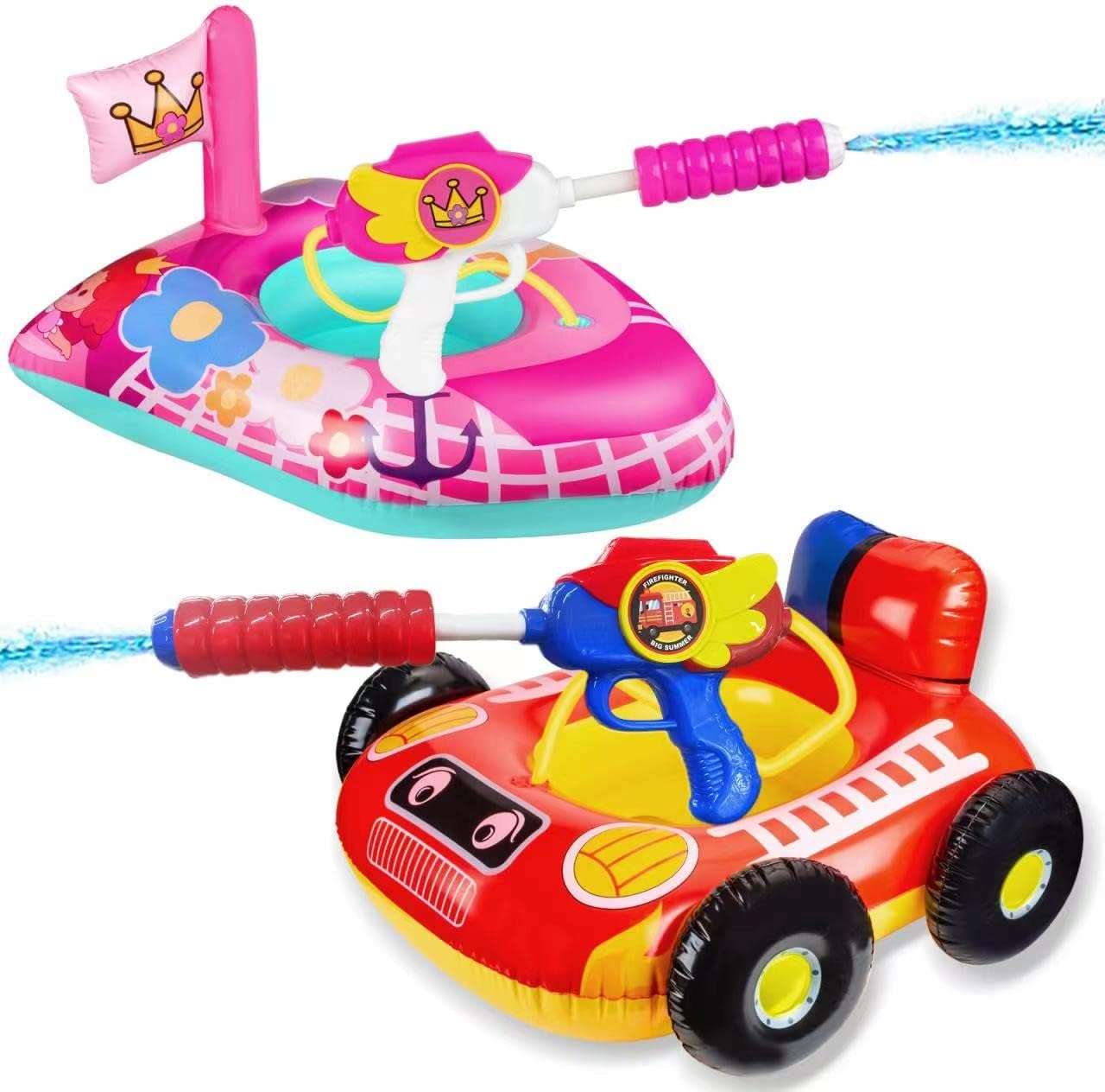 flotador de piscina para niños con cañón de agua y diseño de vehículo de bomberos o pirata
