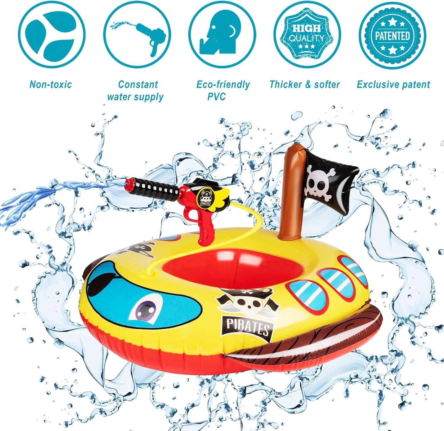 flotador de piscina para niños con cañón de agua y diseño de vehículo de bomberos o pirata