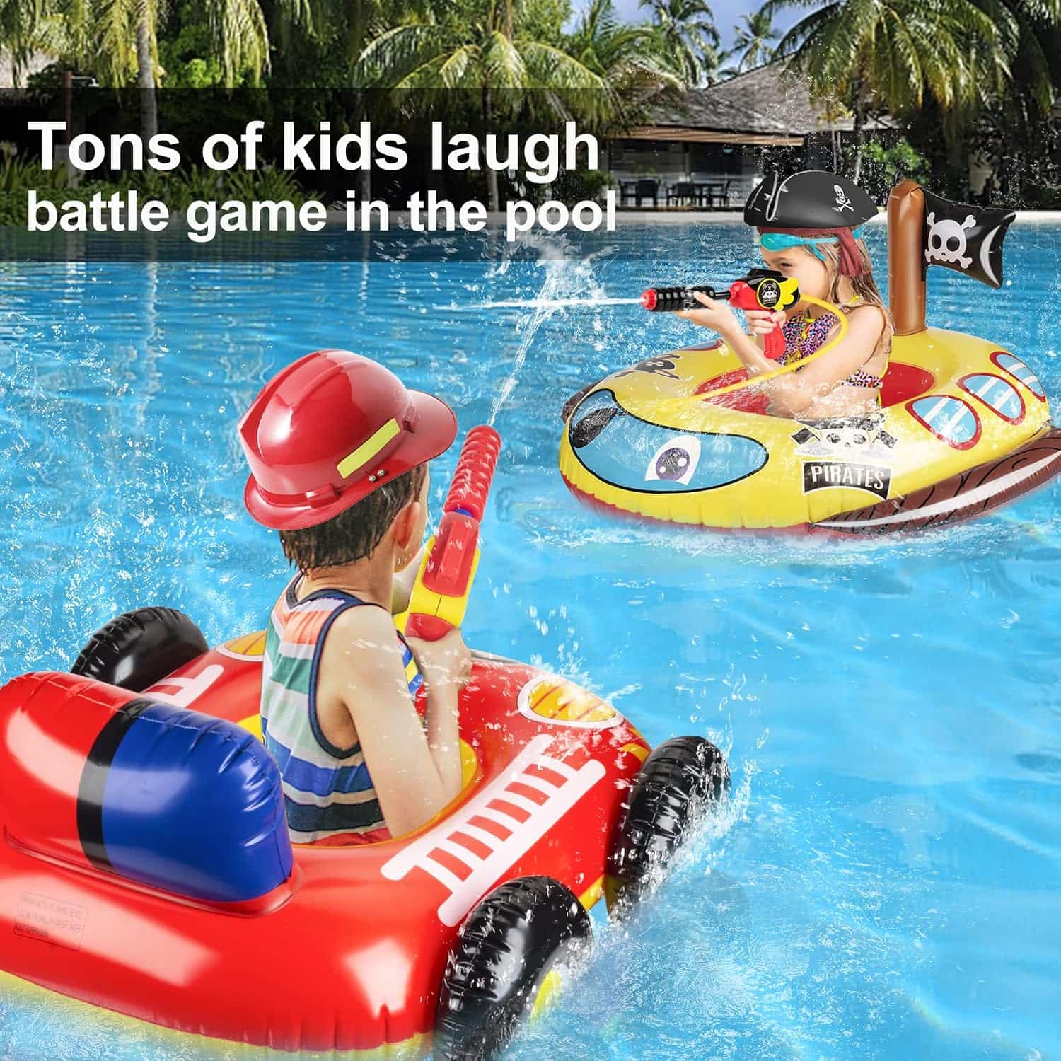 flotador de piscina para niños con cañón de agua y diseño de vehículo de bomberos o pirata