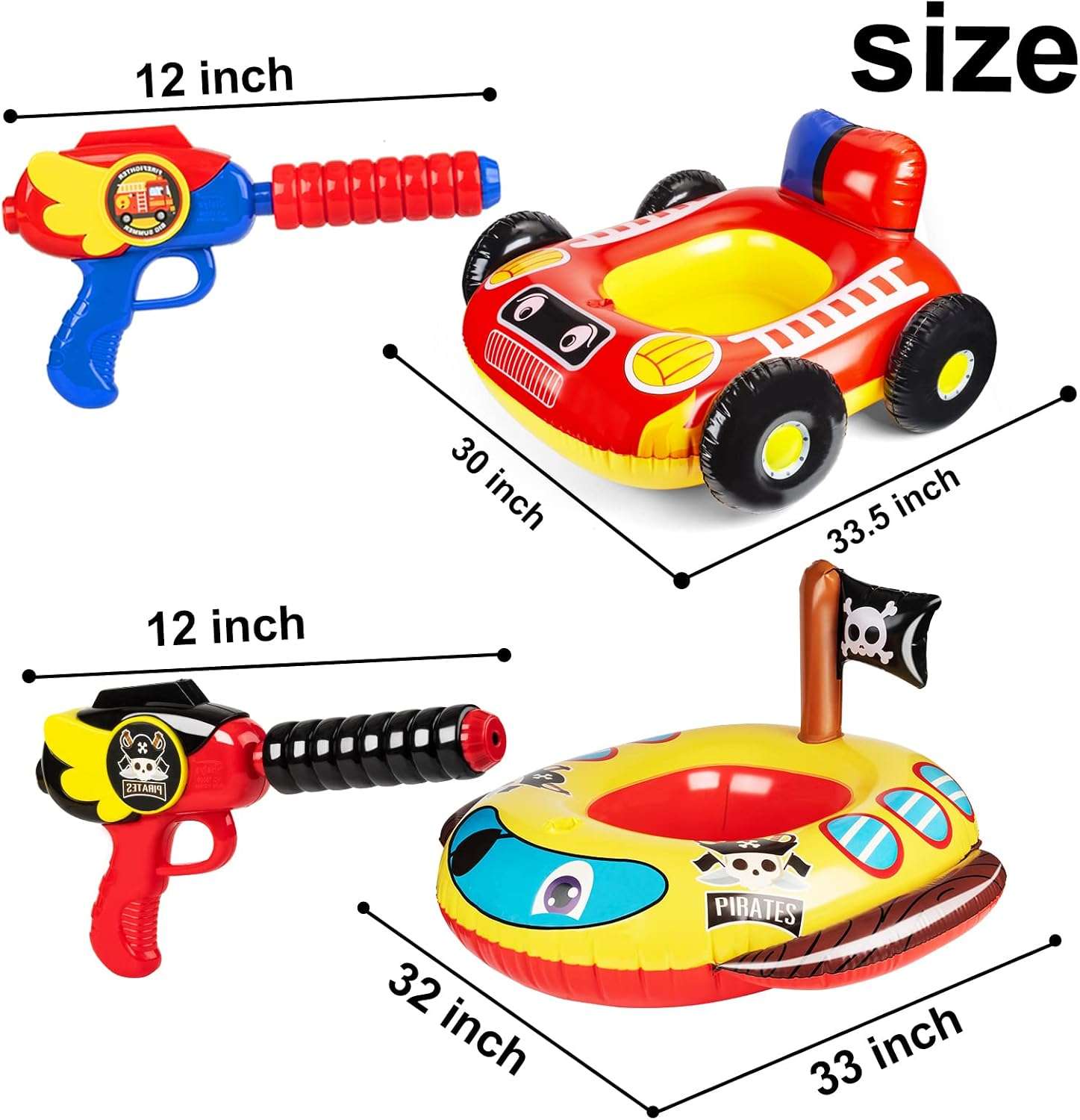 flotador de piscina para niños con cañón de agua y diseño de vehículo de bomberos o pirata