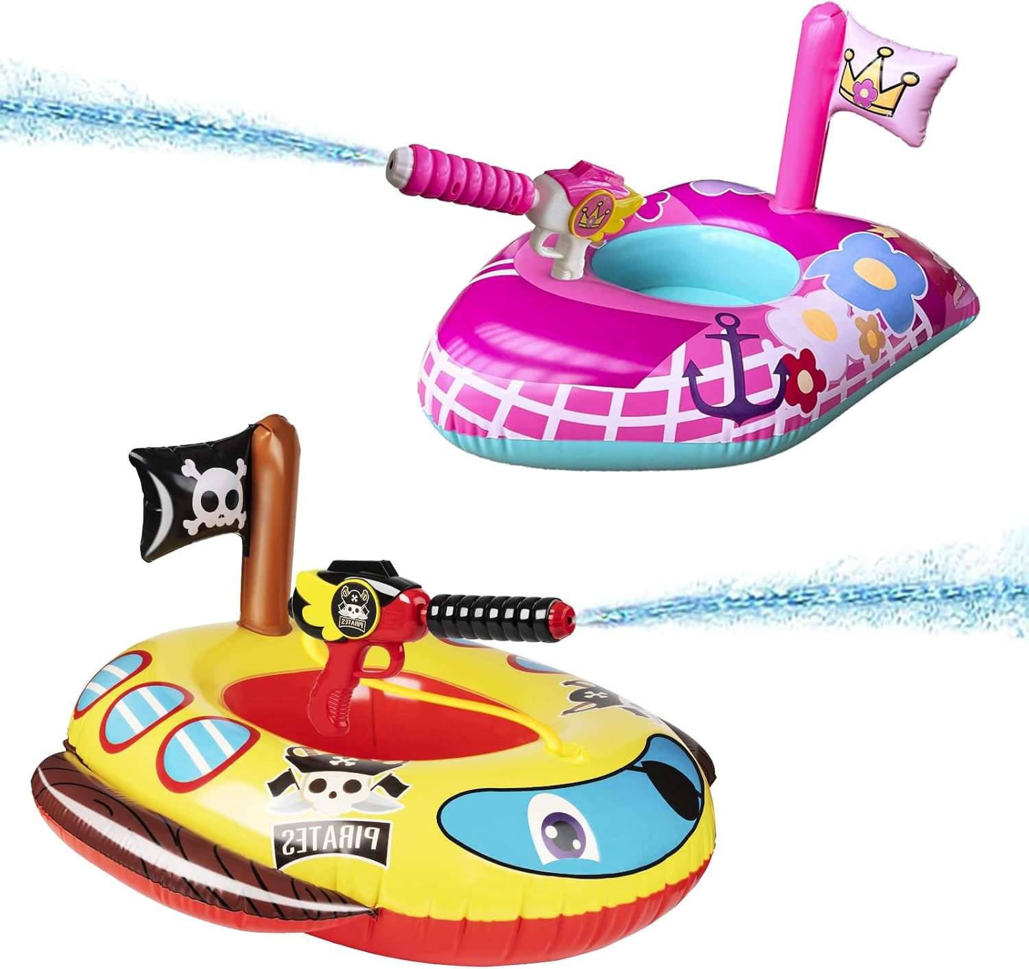flotador de piscina para niños con cañón de agua y diseño de vehículo de bomberos o pirata